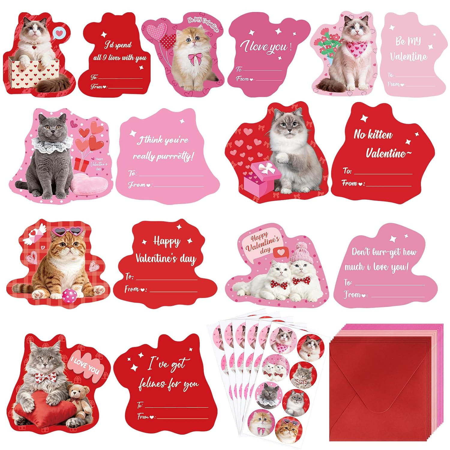48 Sets Assorted Cat Valentines Days Cards For Kids Classroom School Cute Cat Valentines Cards With Envelops Stickers Greeting Cute Pet Love Cards For Girls Boys Kids Party Gift Exchange Brithday Supplies Favors Double Sided Printing