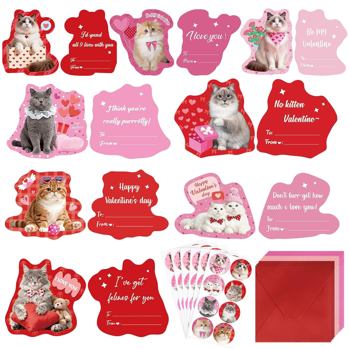 48 Sets Assorted Cat Valentines Days Cards For Kids Classroom School Cute Cat Valentines Cards With Envelops Stickers Greeting Cute Pet Love Cards For Girls Boys Kids Party Gift Exchange Brithday Supplies Favors Double Sided Printing