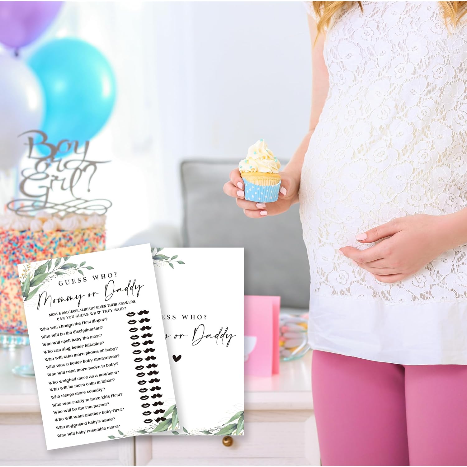 Guess Who Baby Shower Games, 30 Greenery And White Game Cards For Girl Boy, Gender Reveal Game, Baby Announcement,Party Favor, Baby Shower Favors & Supplies-B10