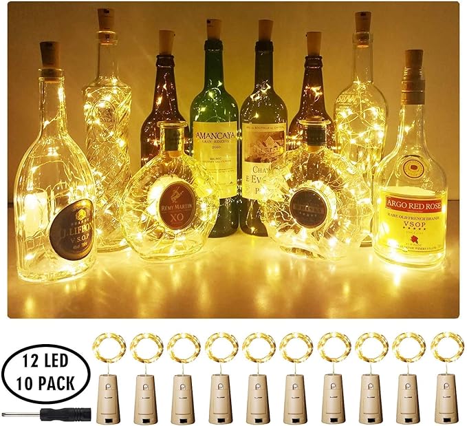 10 Pack Bottle Lights with Cork 12 LED Fairy String Lights Battery Operated Waterproof Warm White LED Cork Lights for Jar Decoration Wedding Party Christmas Bar Decor