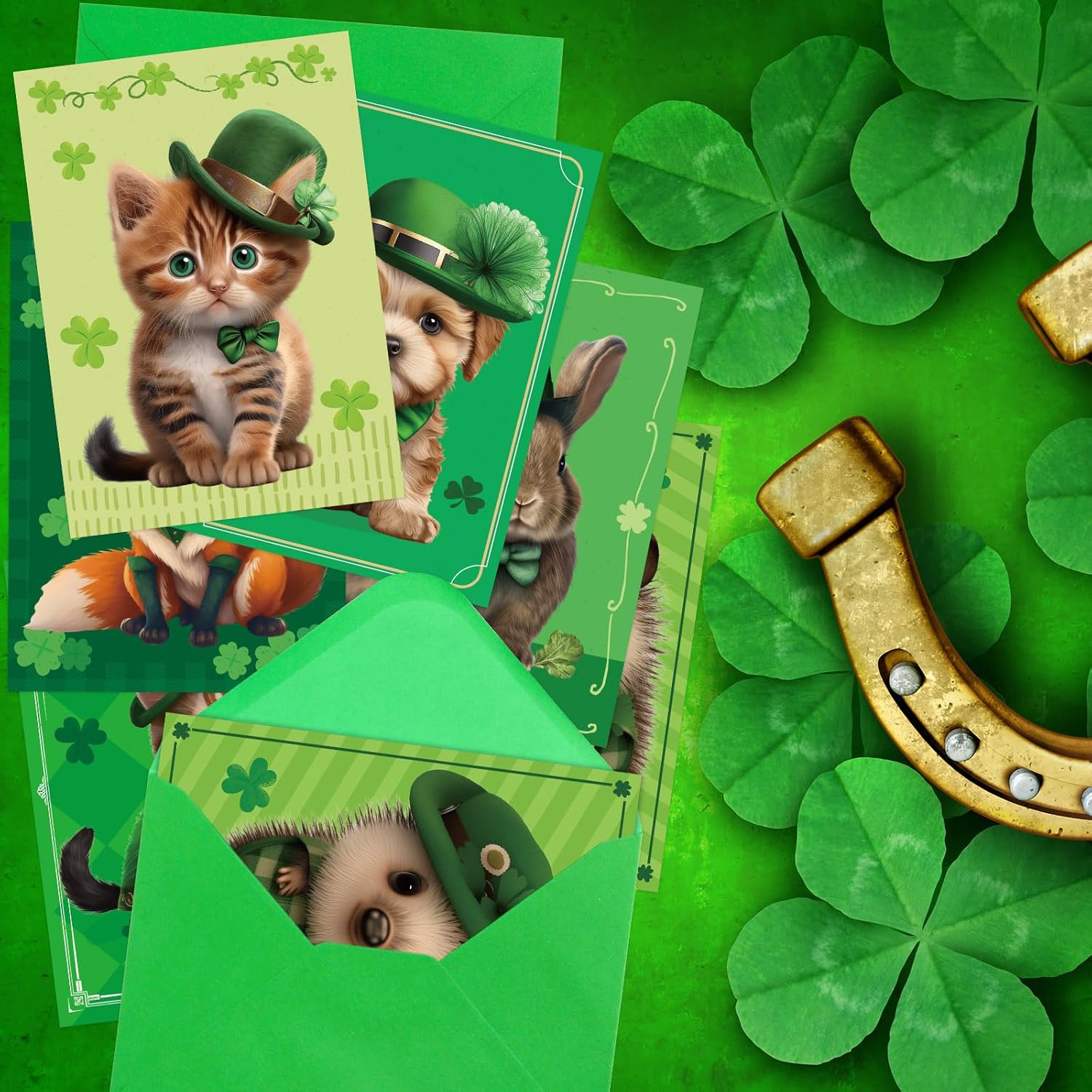 Treasure Cove St. Patrick's Day Card Set with Envelopes Green Greeting Cards Animal Design 24Pcs
