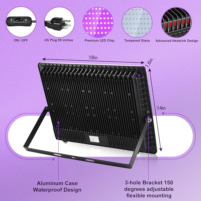2 Pack 600W LED Black Light Flood Lights IP66 Waterproof 395-410nm UV Glow Party Lighting