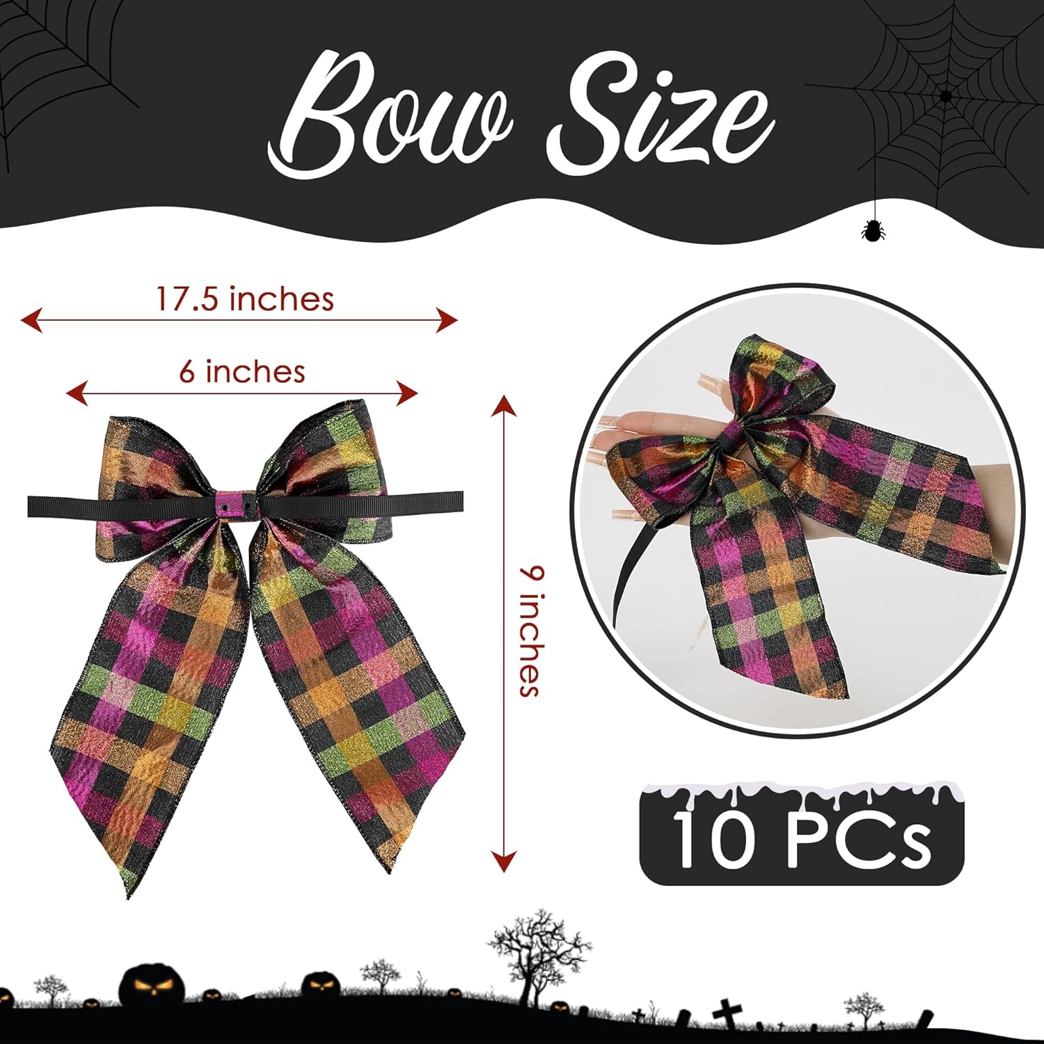 Halloween Bows For Gift Wrapping 6×9'' Glitter Plaid Bows For Christmas Tree Wreath Bows With Wire Edge Premade Bows For Craft Present Indoor Holiday Christmas Decorations, 10 Pcs
