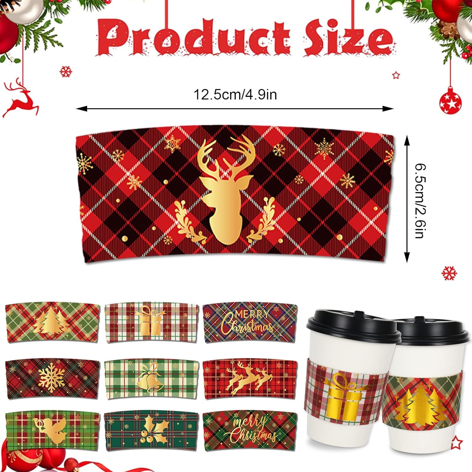 60Pcs Christmas Coffee Tea Cup Sleeves 10 Designs Buffalo Plaid Merry Christmas Jacket Sleeves For 12 And 16Oz Disposable Paper Cup For Xmas Hot Chocolate Cocoa Cold Beverage