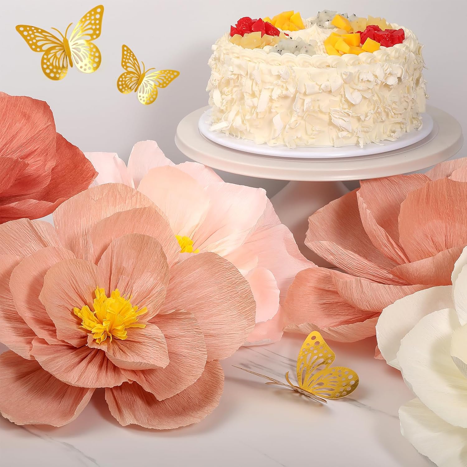 Pink Paper Flowers Artificial 3D Wall Décor Birthday Wedding Bridal Baby Shower Dark Light Pink Peach Beige White Tissue Crepe Flower Nursery Room Backdrop Centerpieces Girls Women Party Decorations
