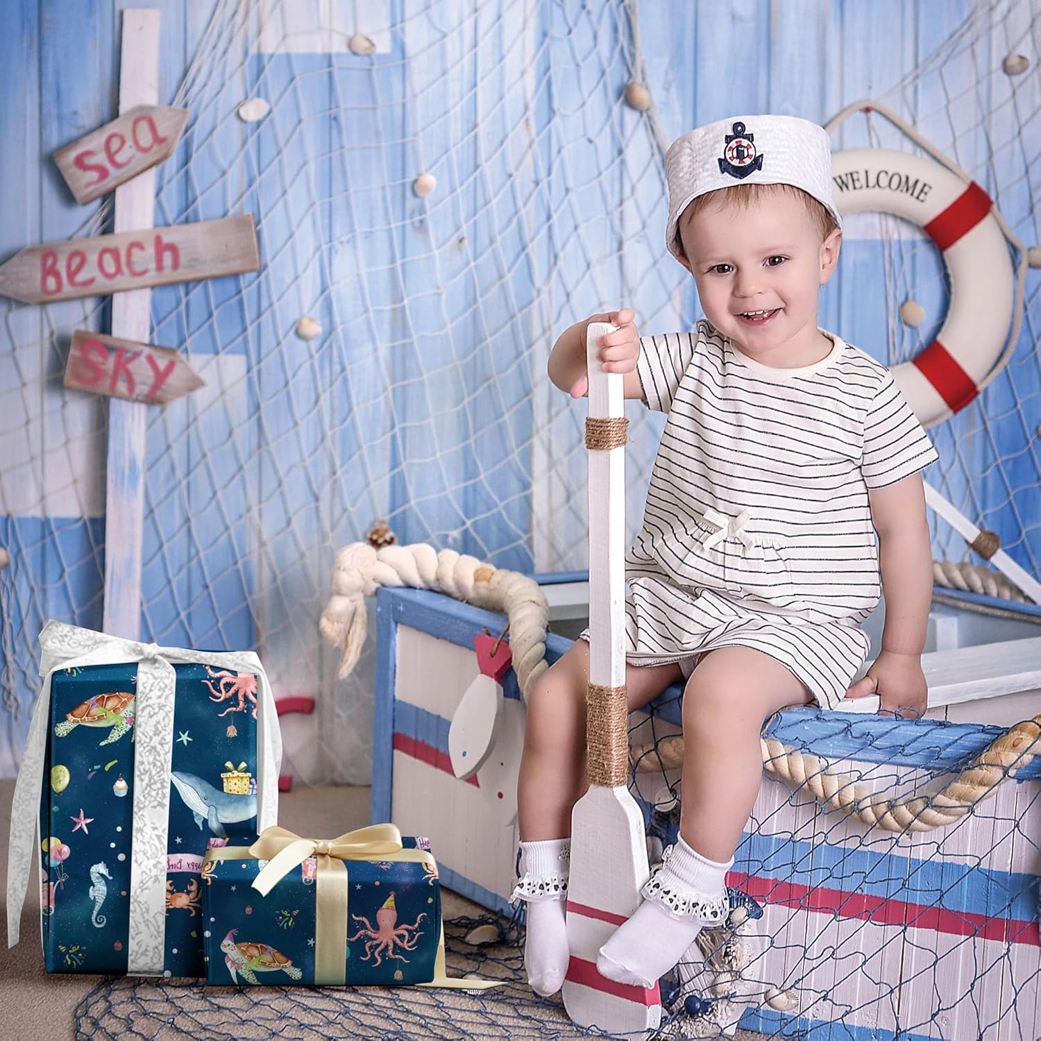 Ocean Birthday Wrapping Paper For Boys Girls Kids - Navy Blue Gift Wrap With Whales, Octopus, Seahorse And Happy Birthday On Galaxy Design For B-Day Baby Shower - 40×28 Inches, 4 Sheets