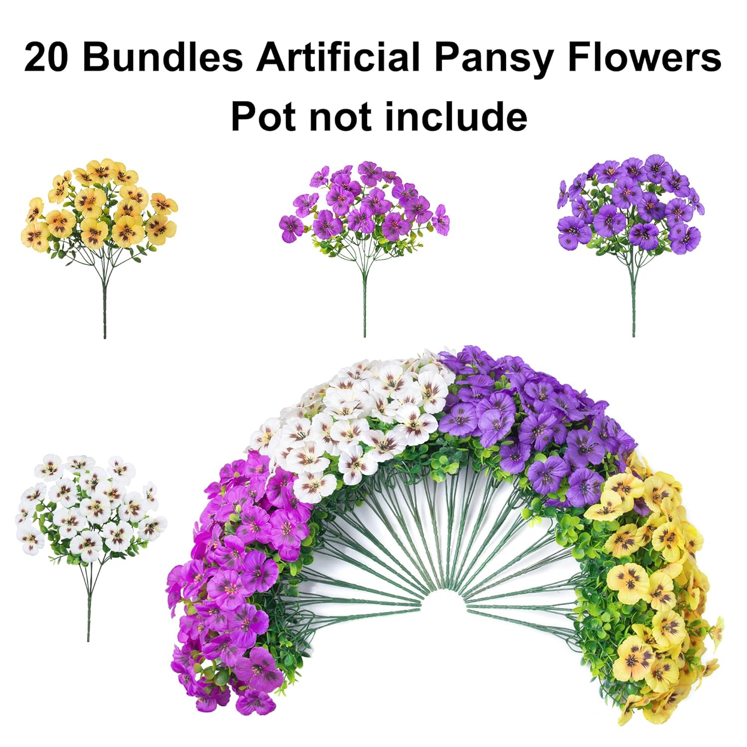 Artificial Fake Pansy Flowers For Outdoor Outside, 20Pcs Faux Silk Mixed Pansies Uv Resistant Flowers For Porch Yard Patio Window Box Home Decor (Fuchsia Purple Yellow White)