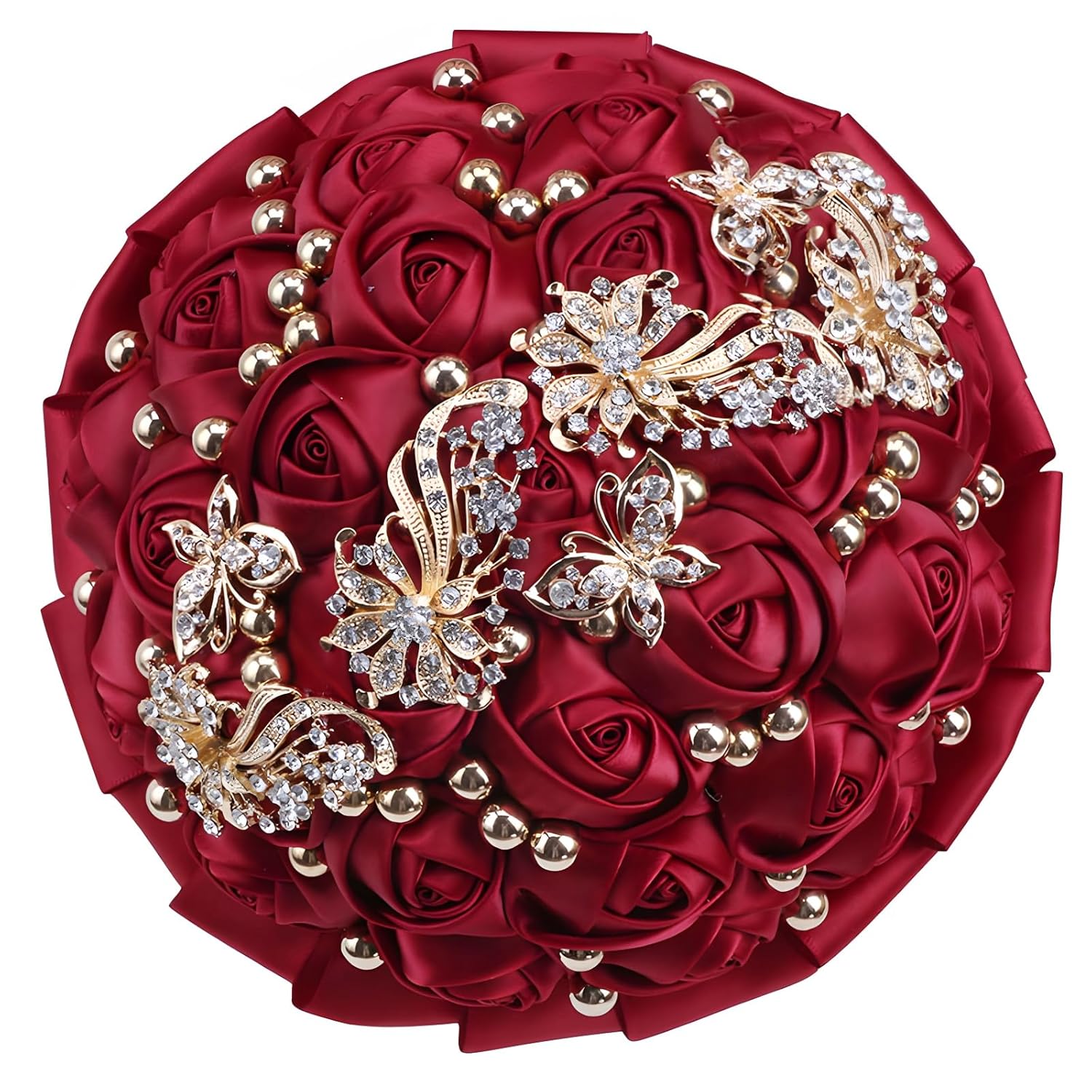 7 Inch Wedding Bouquet Red Satin Flower Bridal Holding Bridesmaid Button Brooch Artificial Rose Bouquet For Indoor Outdoor Wedding Bridal Shower Bouquet Quinceanera (#306 Burgundy)