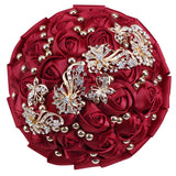 7 Inch Wedding Bouquet Red Satin Flower Bridal Holding Bridesmaid Button Brooch Artificial Rose Bouquet For Indoor Outdoor Wedding Bridal Shower Bouquet Quinceanera (#306 Burgundy)