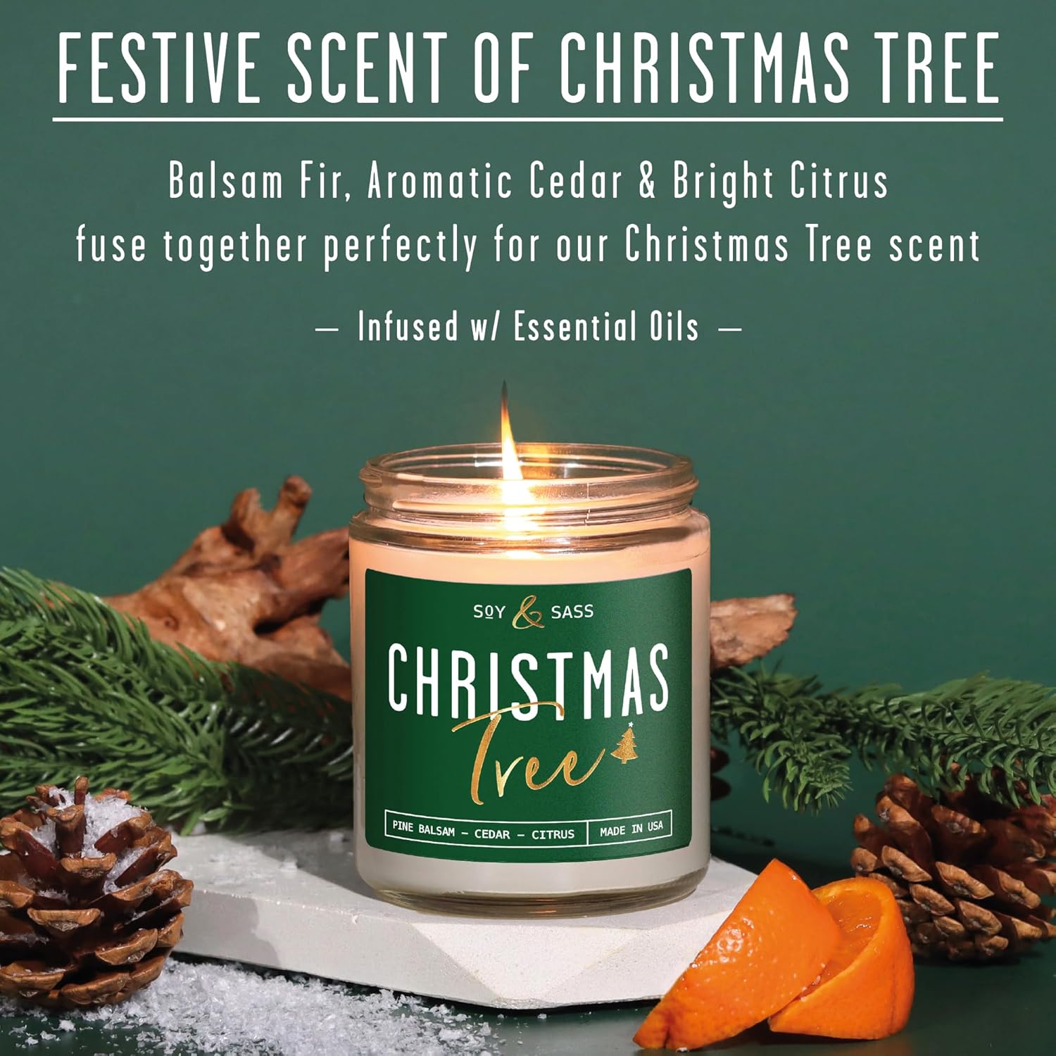 Christmas Tree Candles, Christmas Candles Scented - 'Christmas Tree' Soy Candle W/Balsam, Cedar & Citrus - Infused With Essential Oils I Balsam Pine Candle I 9Oz, 50Hr, Usa Made