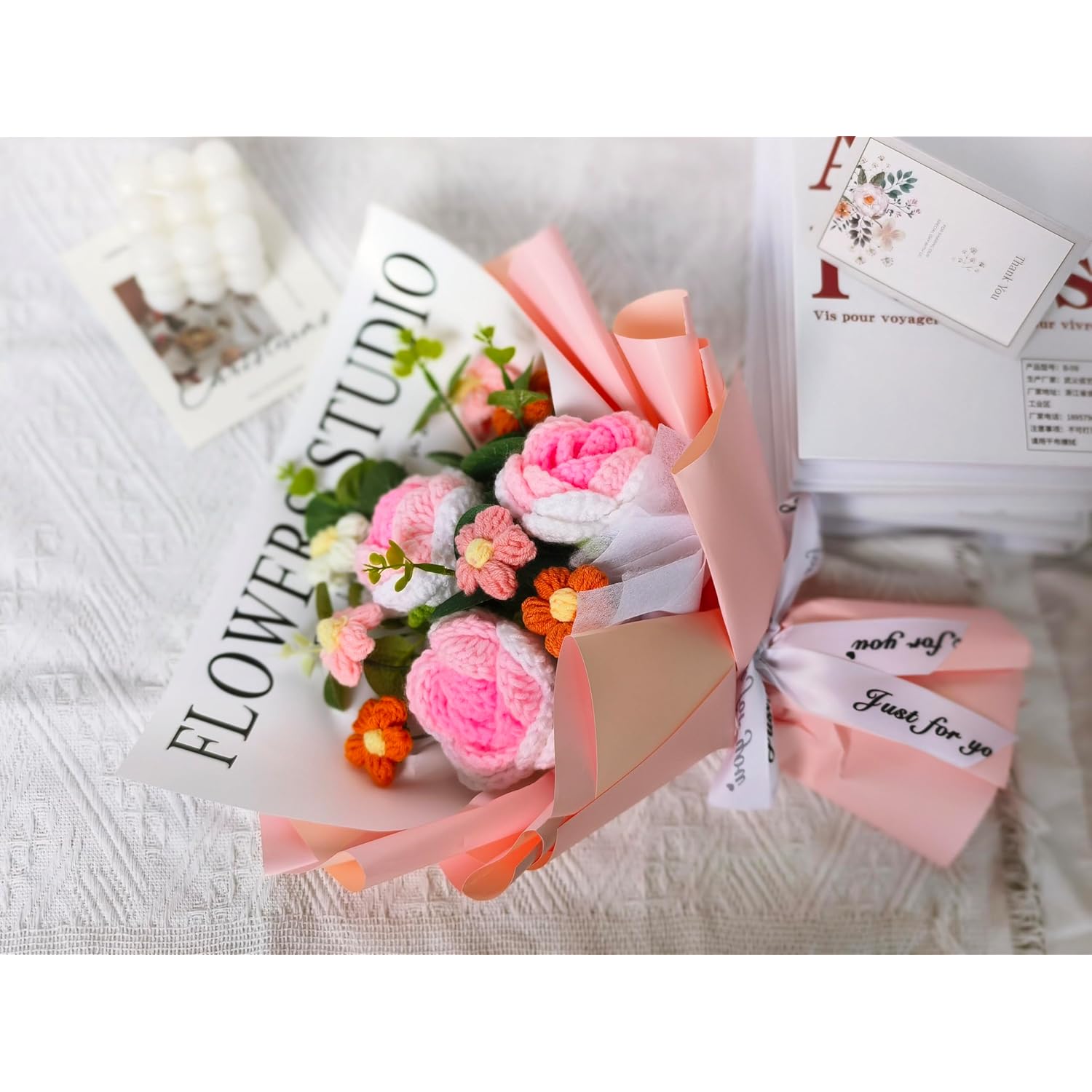 Rose Crochet Flowers Bouquet,Handmade Knitted Rose Daisy Artificial Flowers Home Decor Gift For Mother'S Day Birthday Wedding Christmas Handmade Knitted