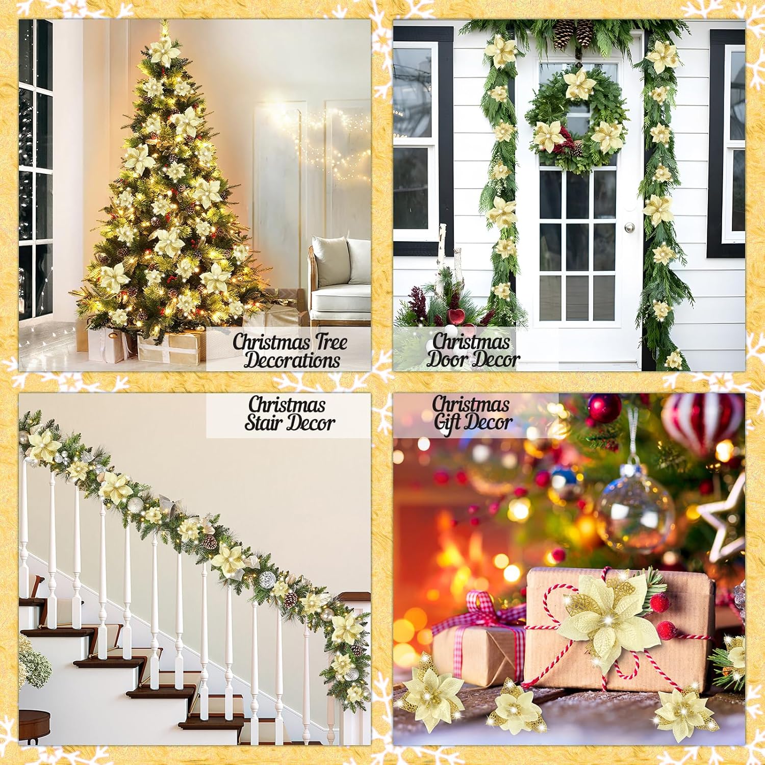 28Pcs Christmas Tree Decorations: Poinsettias Artificial Flowers Ornaments Xmas Gold Glitter Flower With Clips
