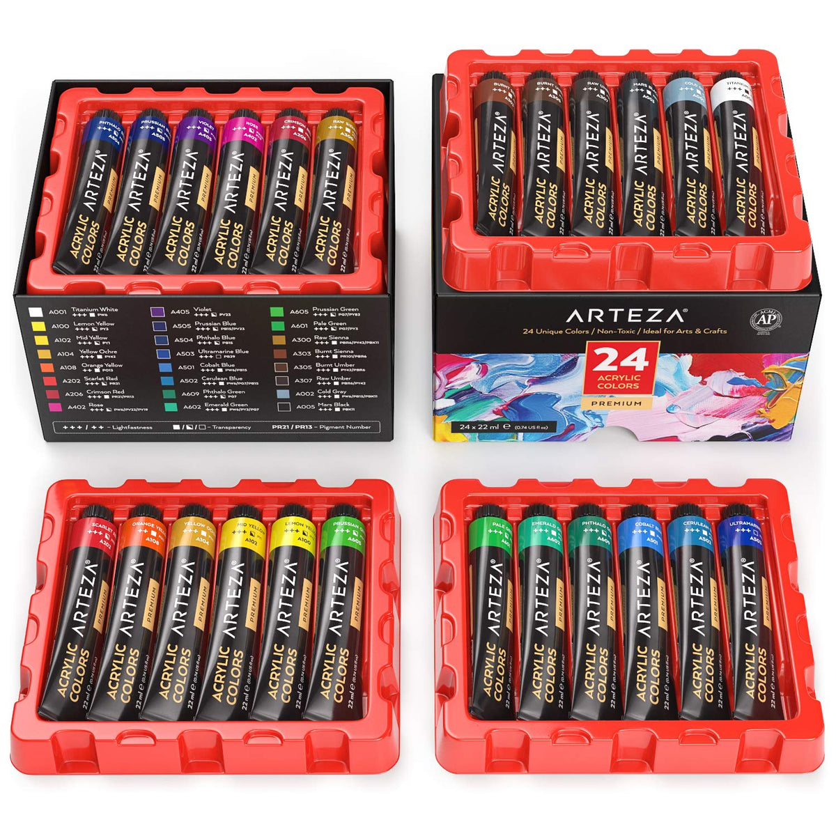 Acrylic Paint Set 24 Colors (0.74 Oz Tubes). High-Viscosity, Richly Pigmented Paints For Canvas, Wood & Crafts. Water-Based Formula. Holiday Gift For Artists & Painters