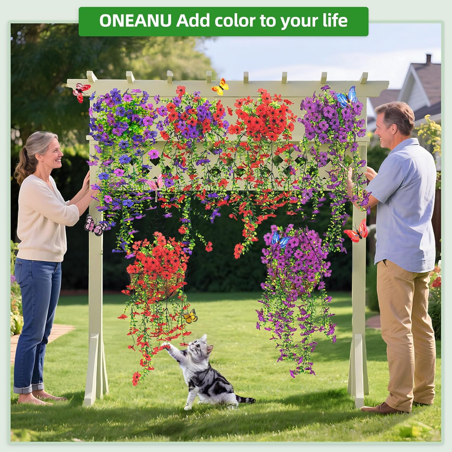 2 Packs Outdoor Artificial Hanging Flowers With 3D Magnetic Butterflies, Uv Resistant Faux Silk Blooms For Spring Summer Porch Patio Balcony Decor, Violet & Purple