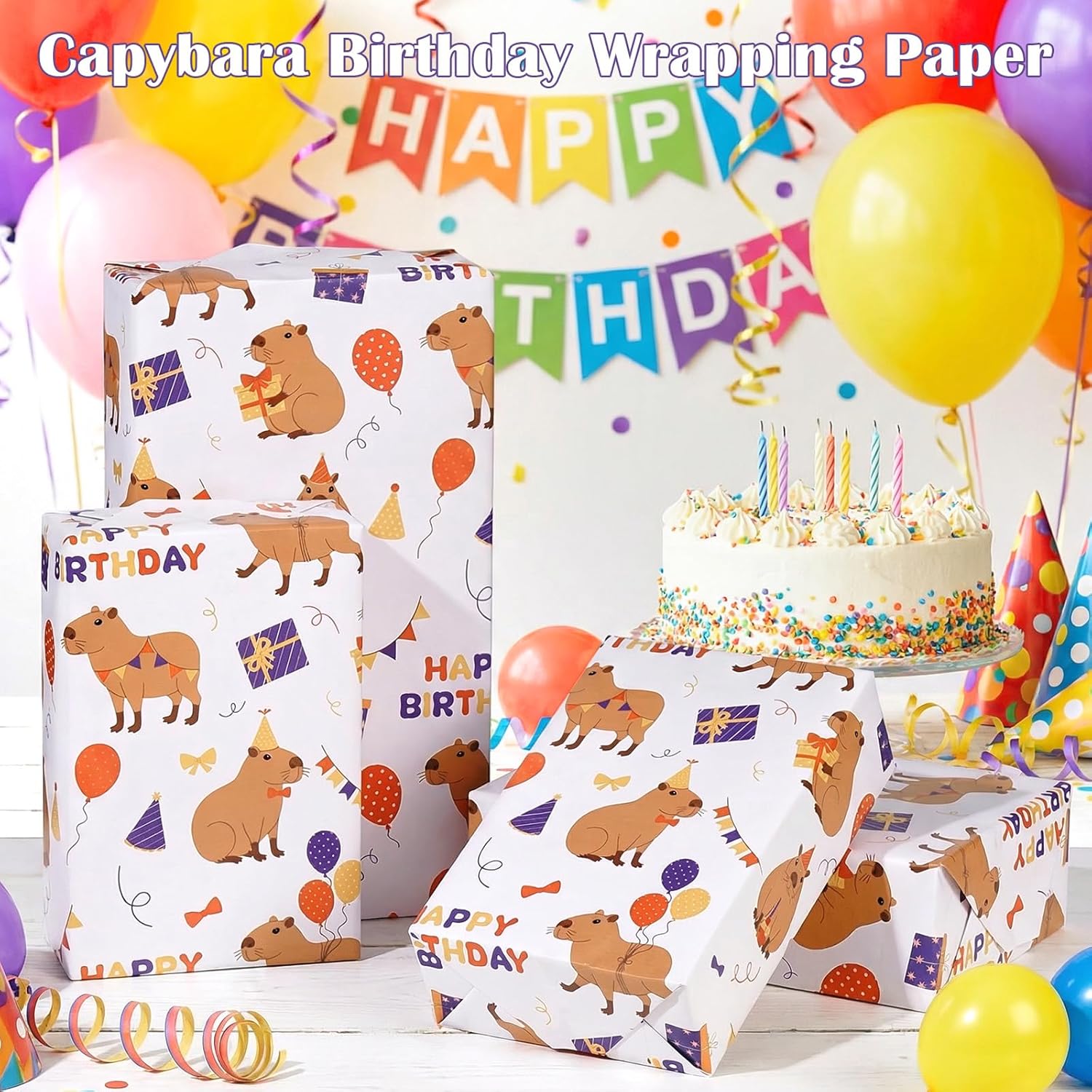 Capybara Birthday Wrapping Paper Roll, Happy Birthday Wrapping Paper For Kids, Cute Capybara Gift Wrap For Boys Girls Kids Holiday Baby Shower Party Supplies, 17 Inch × 16.4 Feet