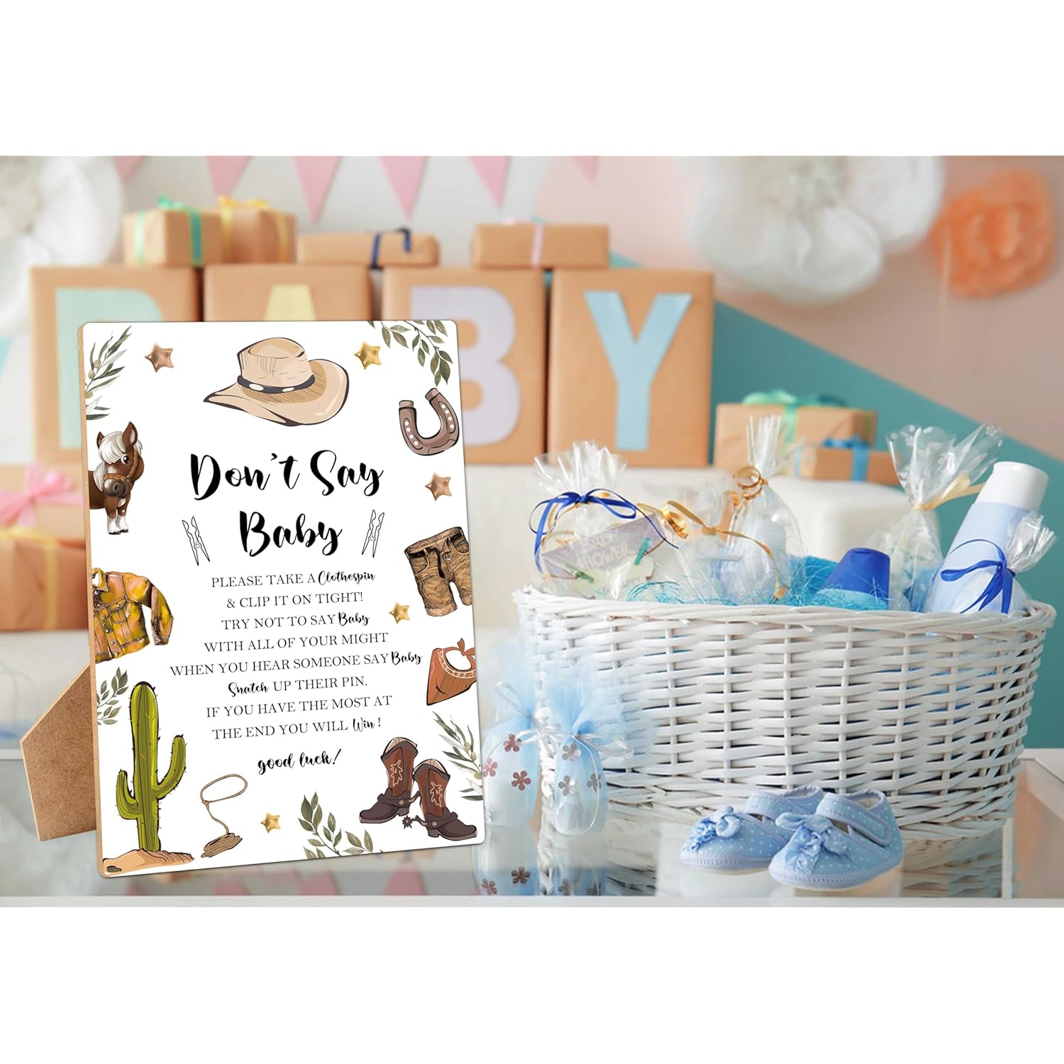 Don'T Say Baby Clothespin Games Sign, Cowboy Baby Shower Games, 1 Wooden Sign With 50 Mini Clothespins, Game Activity For Baby Shower, Gender Reveal Party Favors Decorations