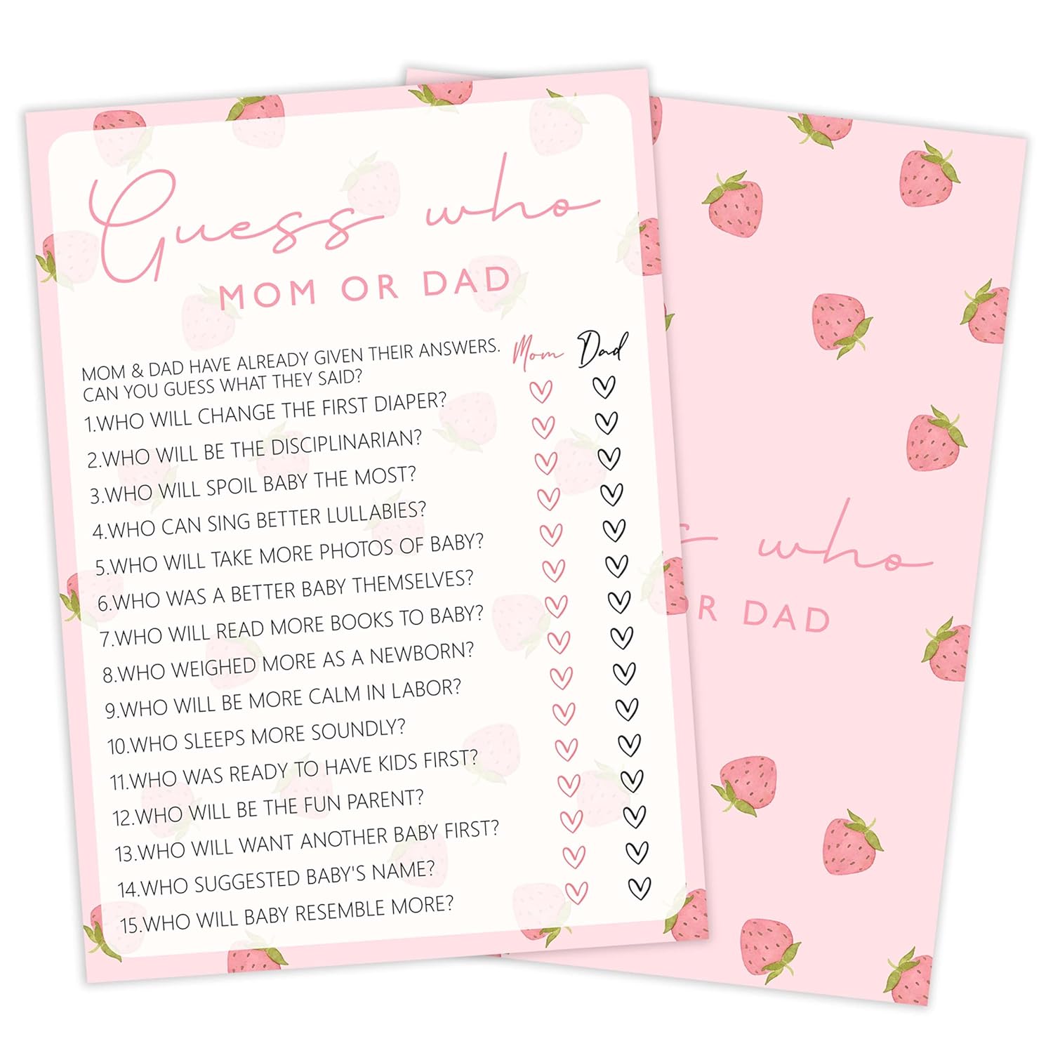 Baby Shower Games For Girl, Strawberry Guess Who Mom Or Dad, 25 Double-Sided Hilarious Baby Shower Games For Gender Reveal Party Decorations Supplies Announcement - E01
