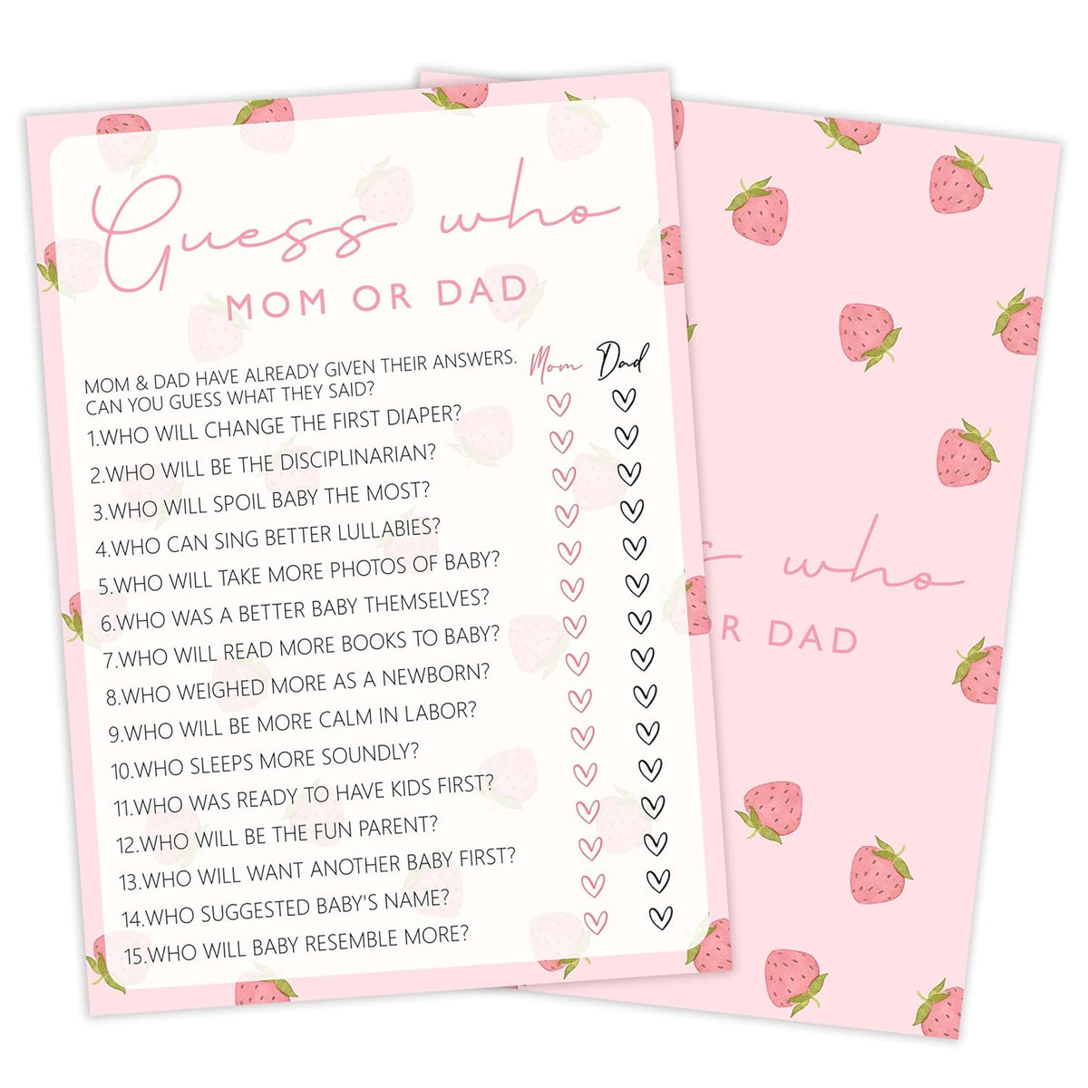 Baby Shower Games For Girl, Strawberry Guess Who Mom Or Dad, 25 Double-Sided Hilarious Baby Shower Games For Gender Reveal Party Decorations Supplies Announcement - E01