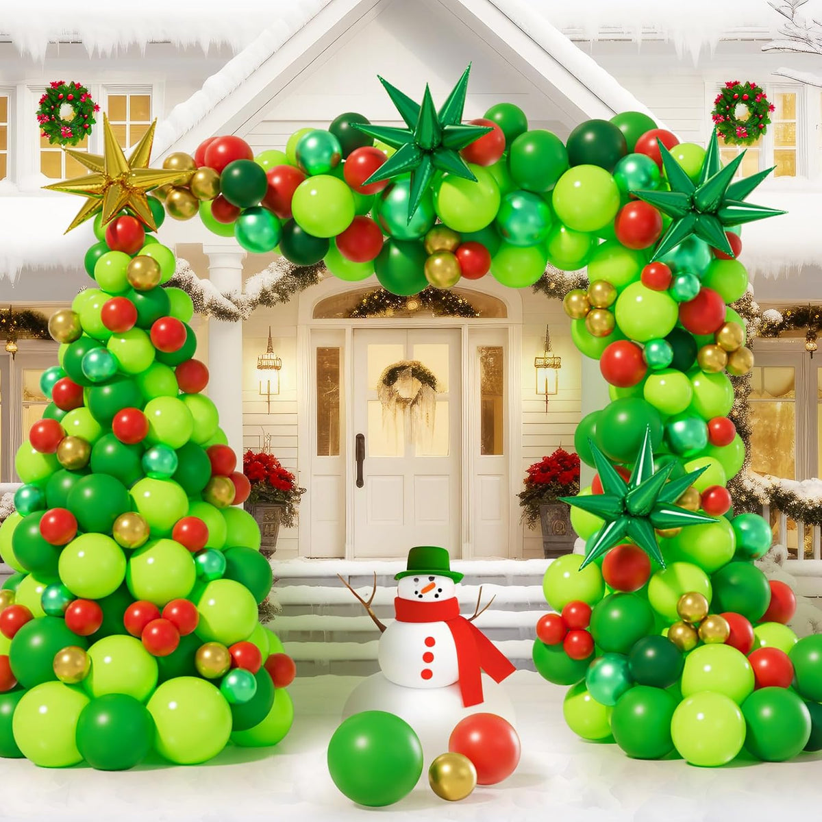 284Pcs Christmas Balloon Garland Arch Kit With Lime Green Dark Green Red Balloons Exploding Star Balloons For Christmas Party Decorations Supplies