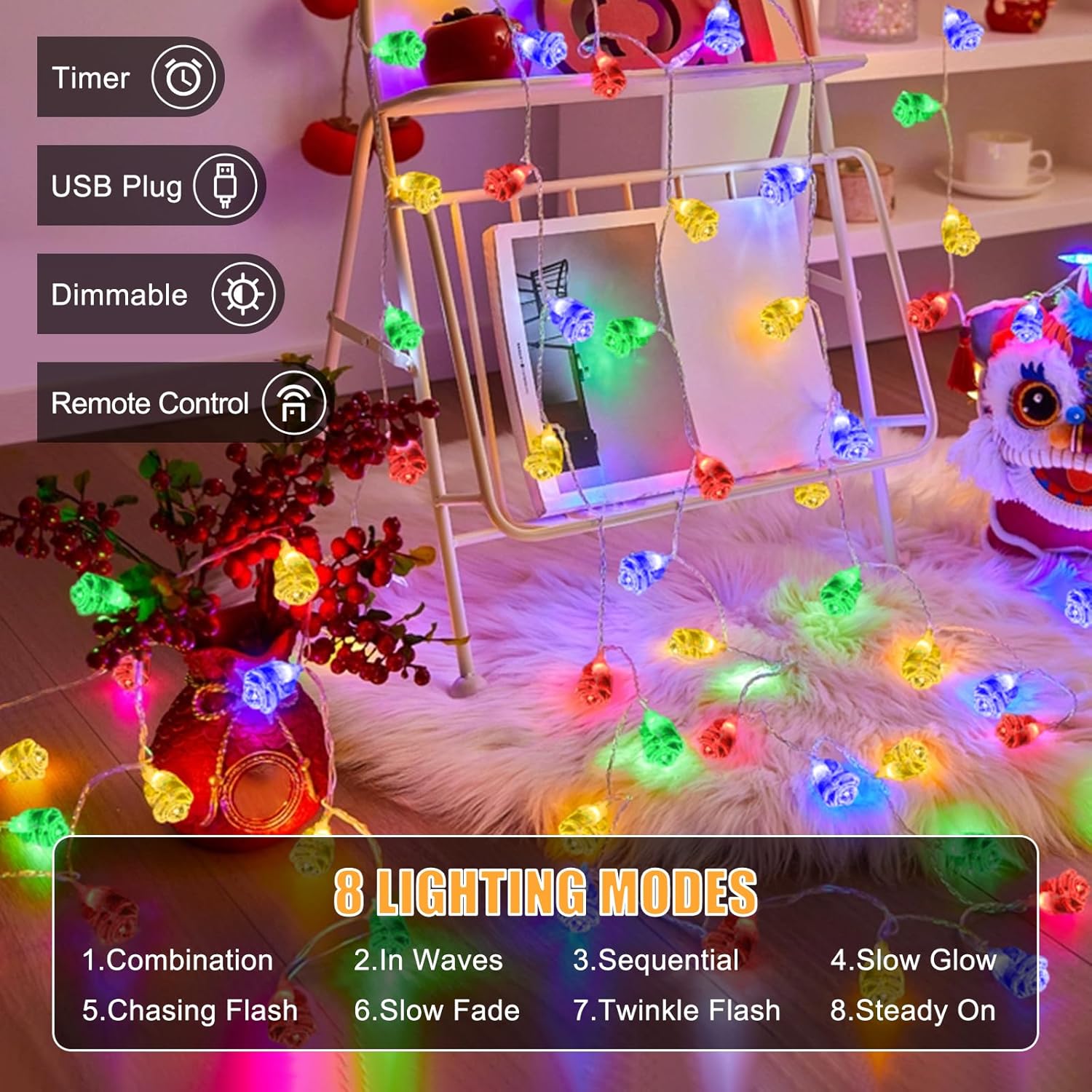 String Lights Indoor, 33Ft 80 Led Rose Flower Lights, 8 Modes Dimmable & Timeable Twinkle Lights, Festival Christmas Dec