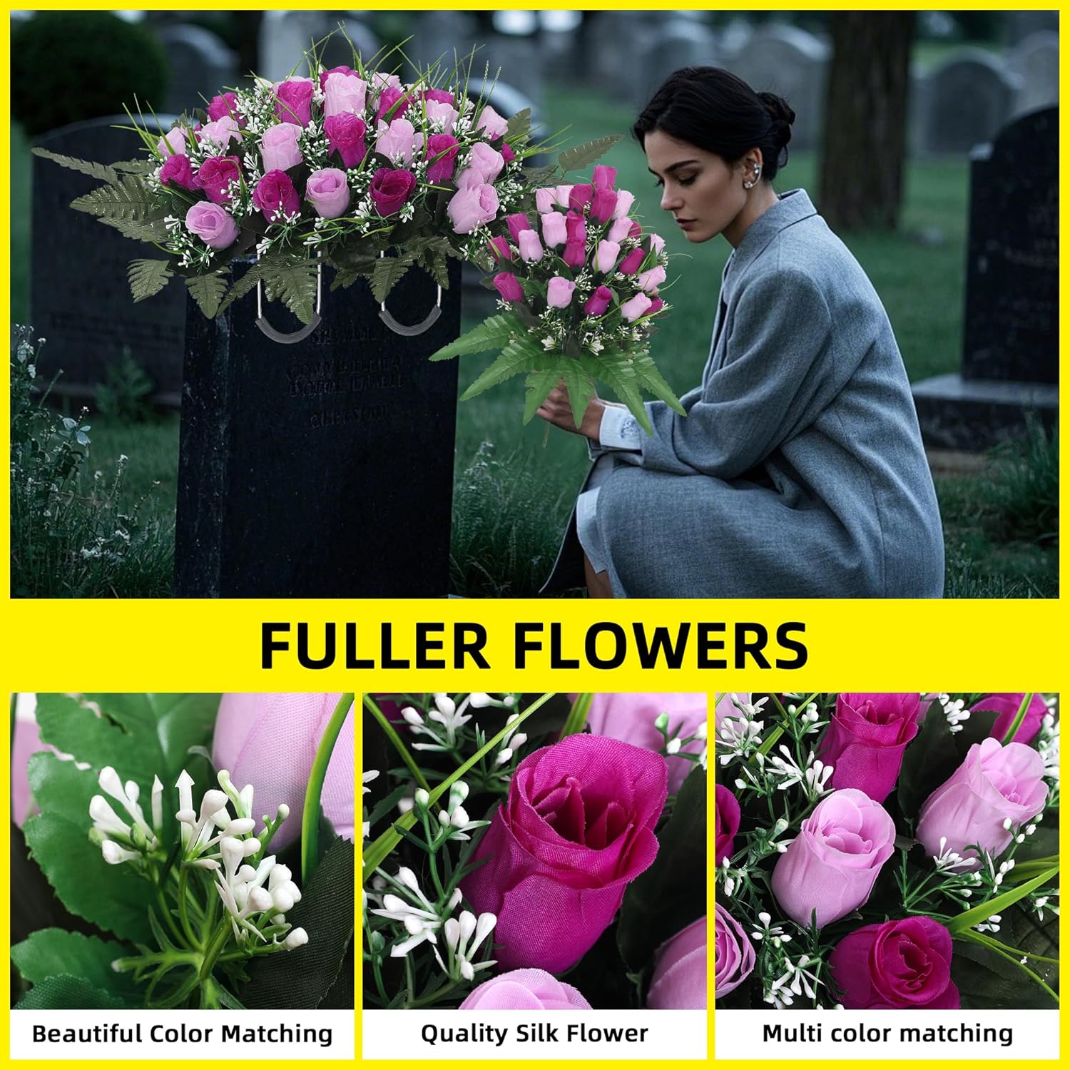 Artificial Cemetery Flower Headstone Flower Saddle Grave Rose Flowers For Cemetery Non-Bleed Colors Windpoof (Purple)