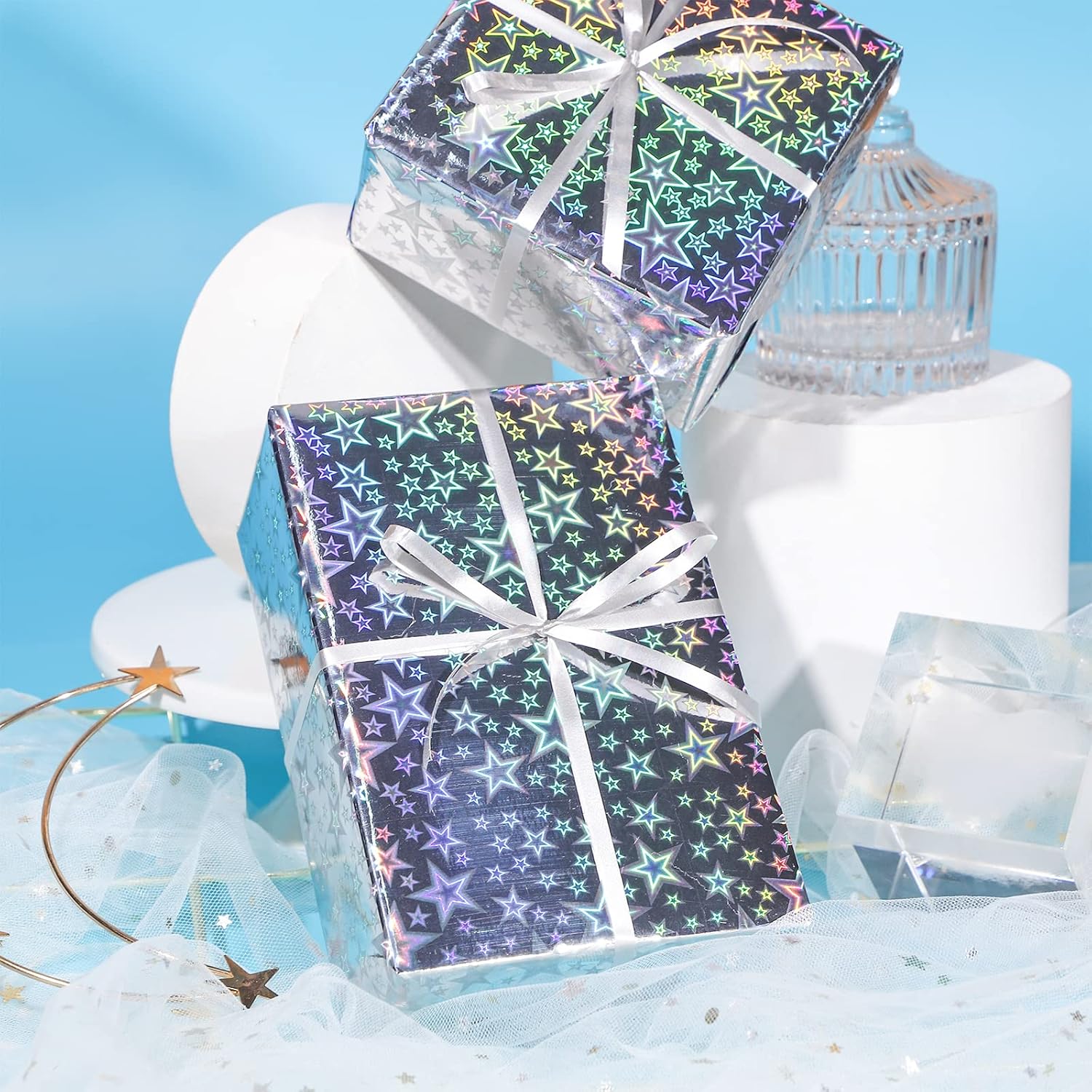 Holographic Foil Wrapping Paper - Mini Roll - 17 Inch X 32.8 Feet- Metallic Silver Foil Stars For Birthday,Wedding,Baby Shower,Party All Occassions (47.3 Sq.Ft.Ttl)