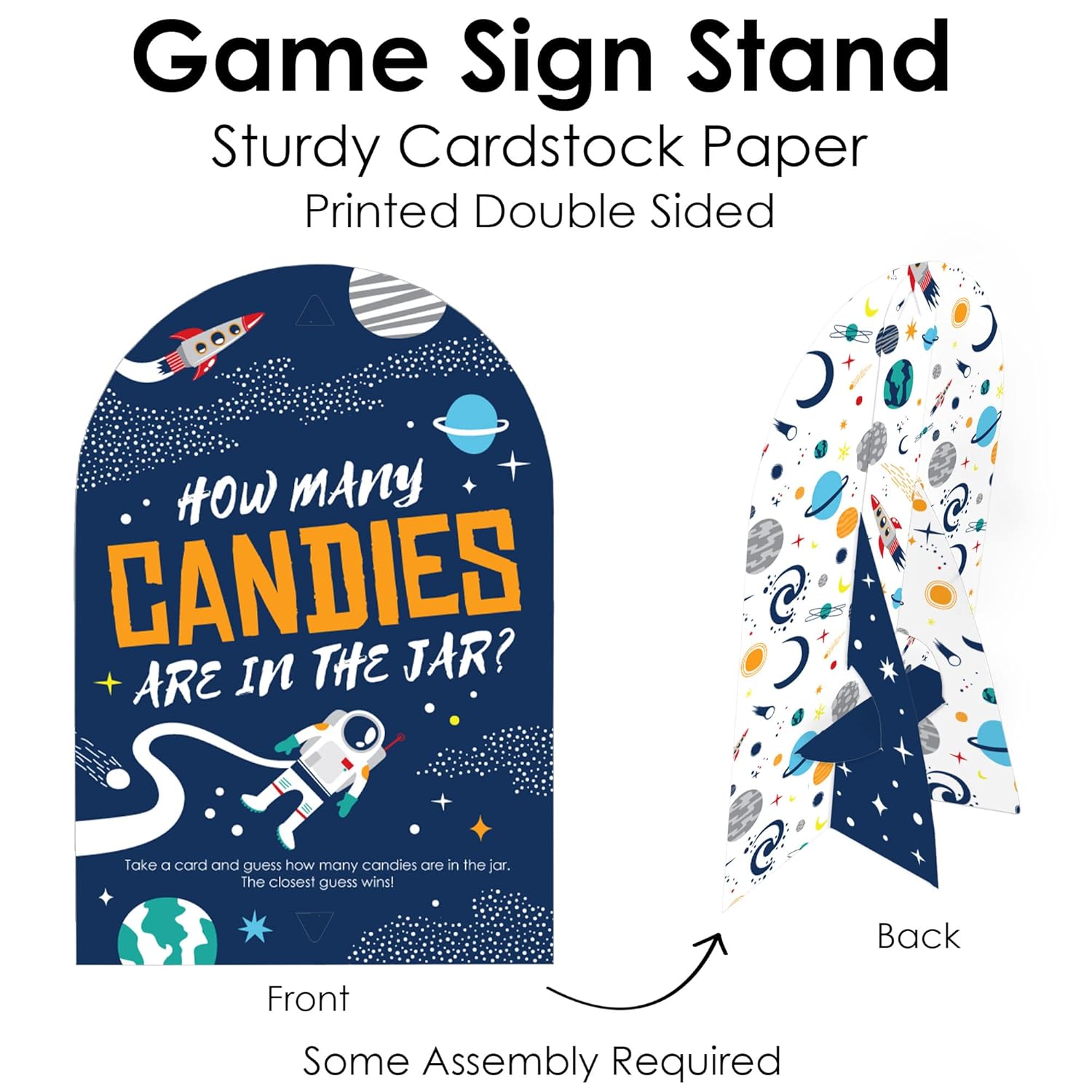 Big Dot of Happiness Blast Off to Outer Space - How Many Candies Rocket Ship Baby Shower or Birthday Party Game - 1 Stand and 40 Cards - Candy Guessing Game