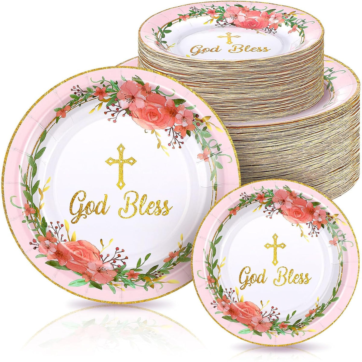 96 Pcs God Bless Baptism Plates Bulk 7'' 9'' First Holy Communion Paper Plates Disposable Newborn Religious Dinnerware For Christening Celebration Church Baby Shower Christmas(1St Communion)