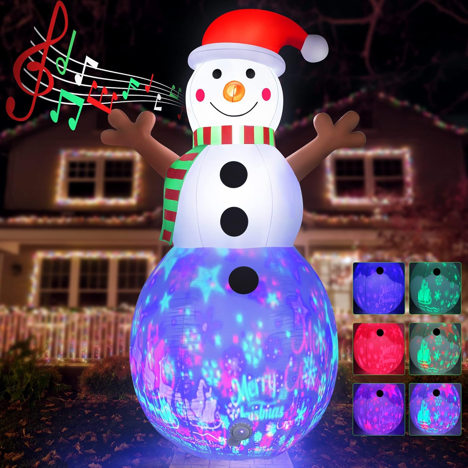 7Ft Christmas Inflatable Snowman Decoration With Built In Music, Christmas Inflatables Blowup With Projector Led Lights,