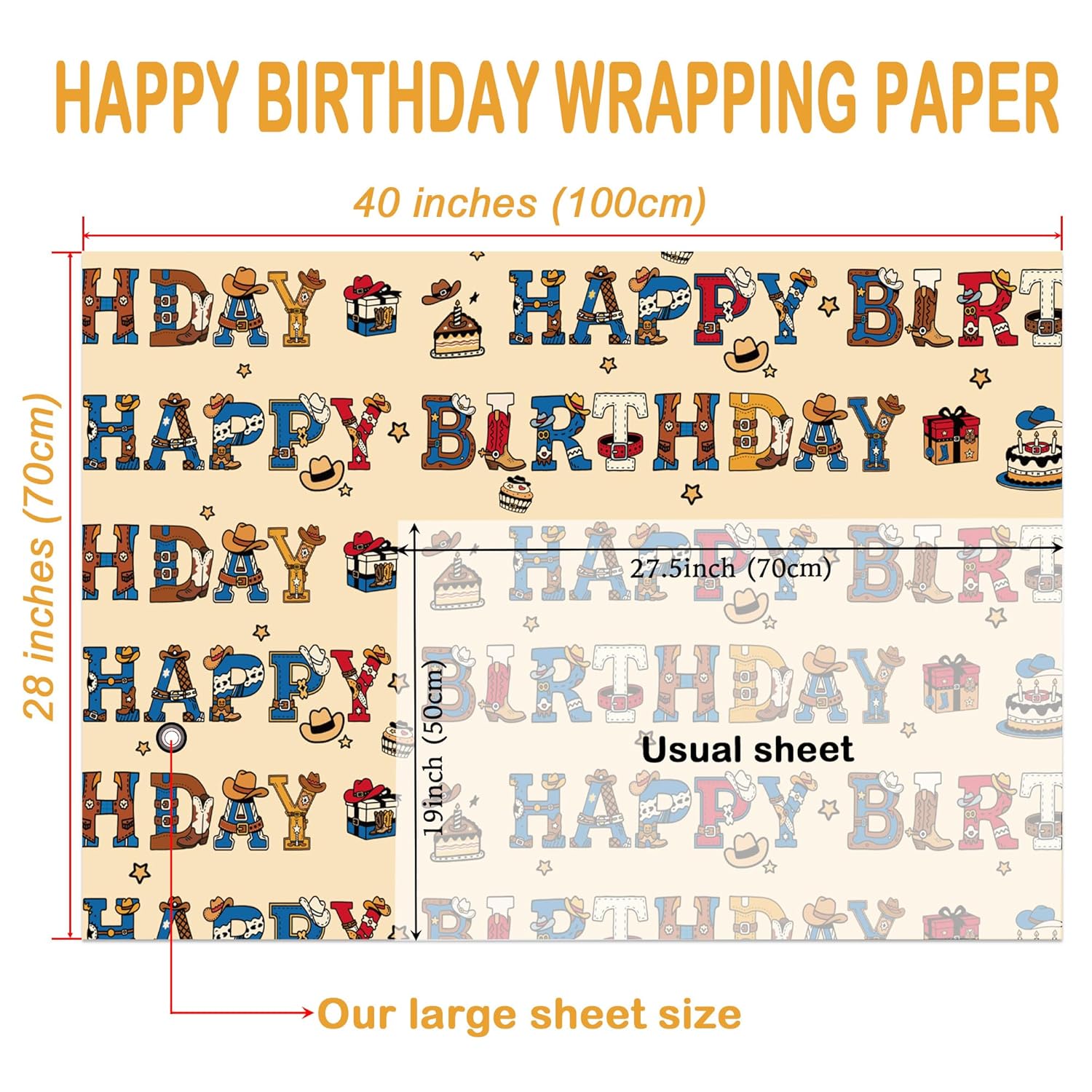 Cowboy Birthday Wrapping Paper - 4 Jumbo Sheets, 28 * 40 Inches - Western Farm Gift Wrap With Cowboys Hat Boots Cake, And Happy Birthday, Perfect For Kids Boys Girls Birthday, Baby Showers