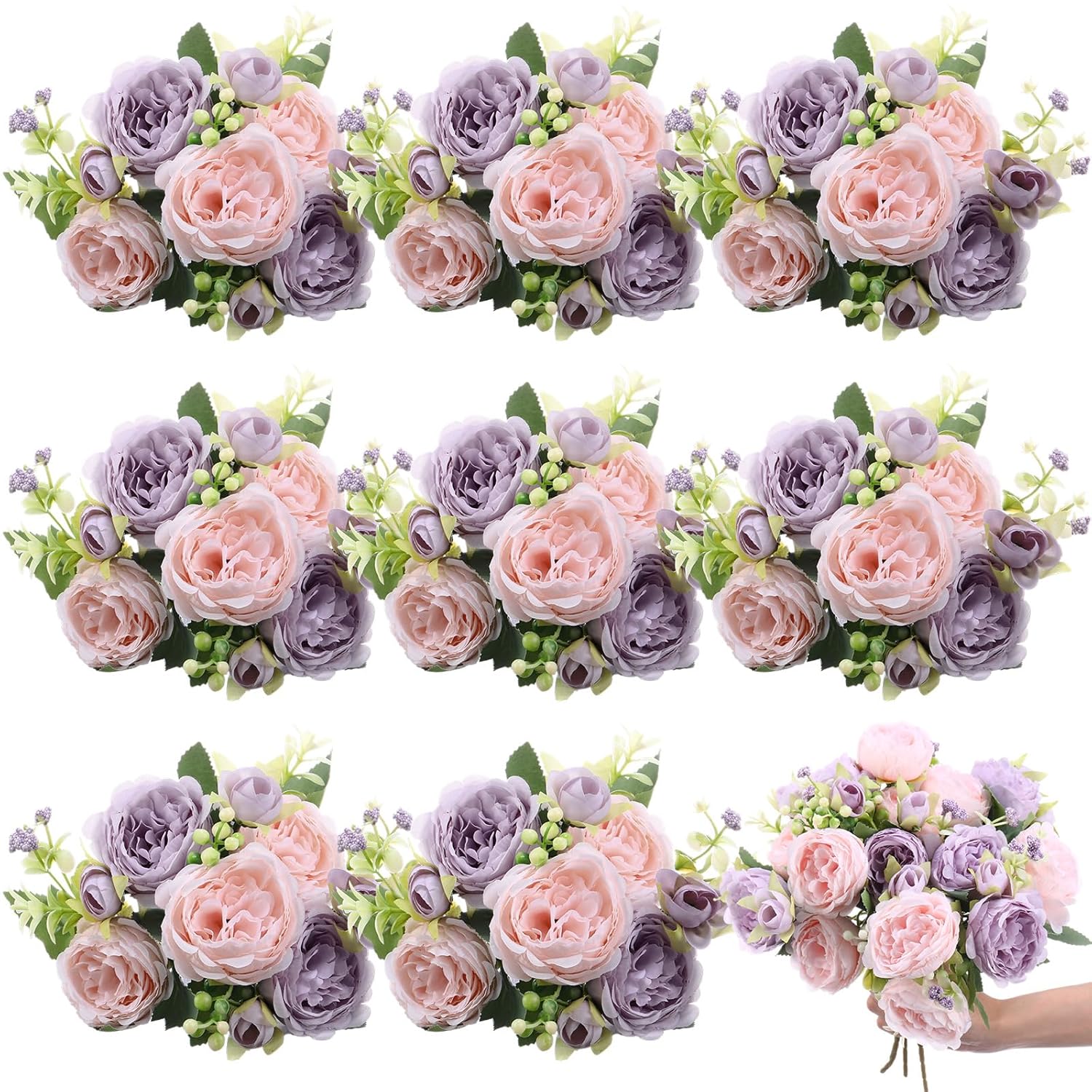 8 Bundles Artificial Peonies Flowers Boho Faux Flowers Arrangements Artificial Centerpiece Spring Bouquet Floral Wedding Decoration For Vase(Pink, Purple)