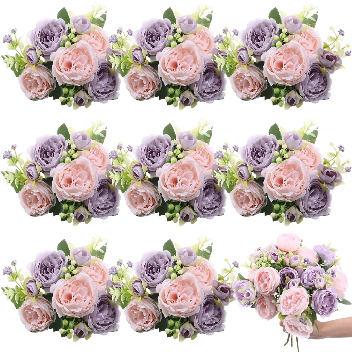 8 Bundles Artificial Peonies Flowers Boho Faux Flowers Arrangements Artificial Centerpiece Spring Bouquet Floral Wedding Decoration For Vase(Pink, Purple)