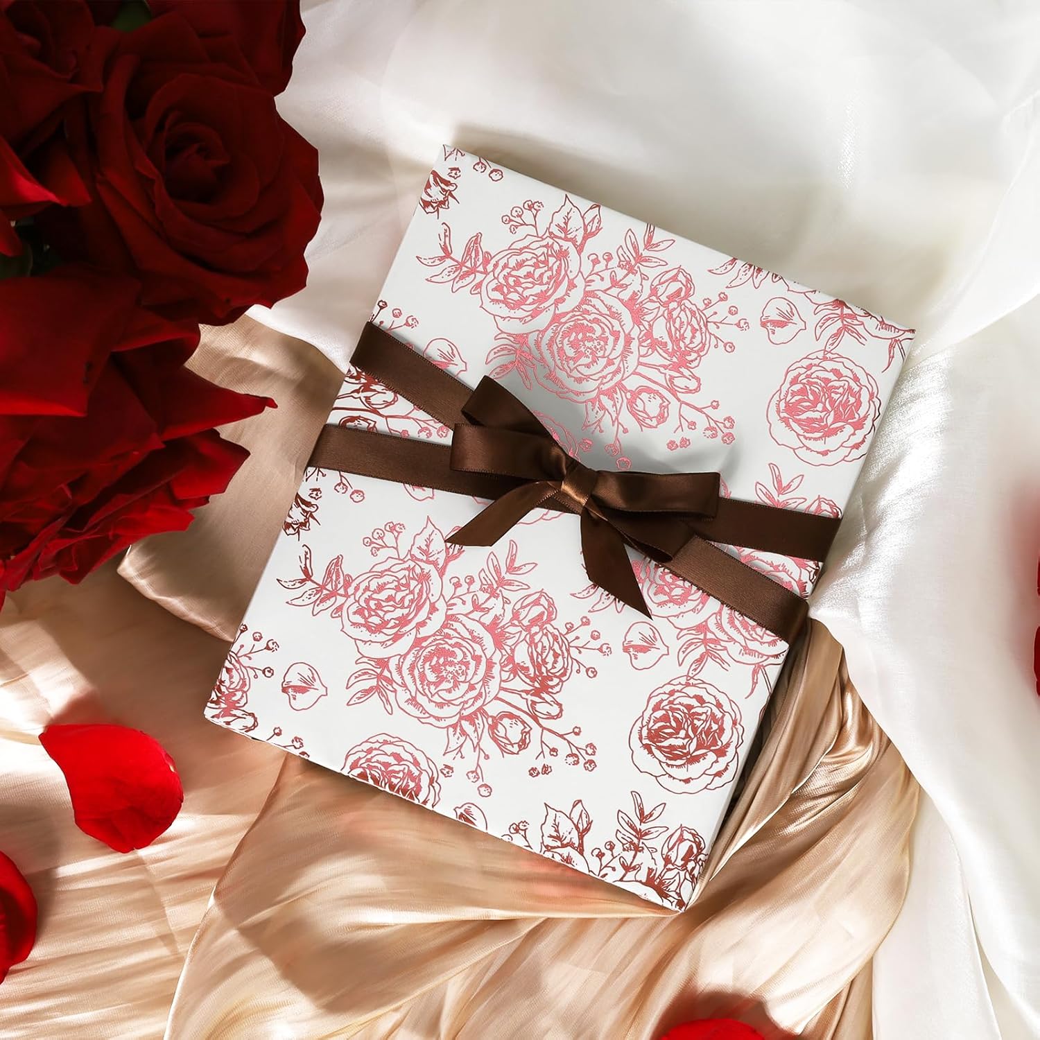 Reversible Floral Valentines Wrapping Paper Roll For Women Girls, Elegant Rose Gold Foil Design For Wedding, Mother’S Day, Bridal Shower & Birthday