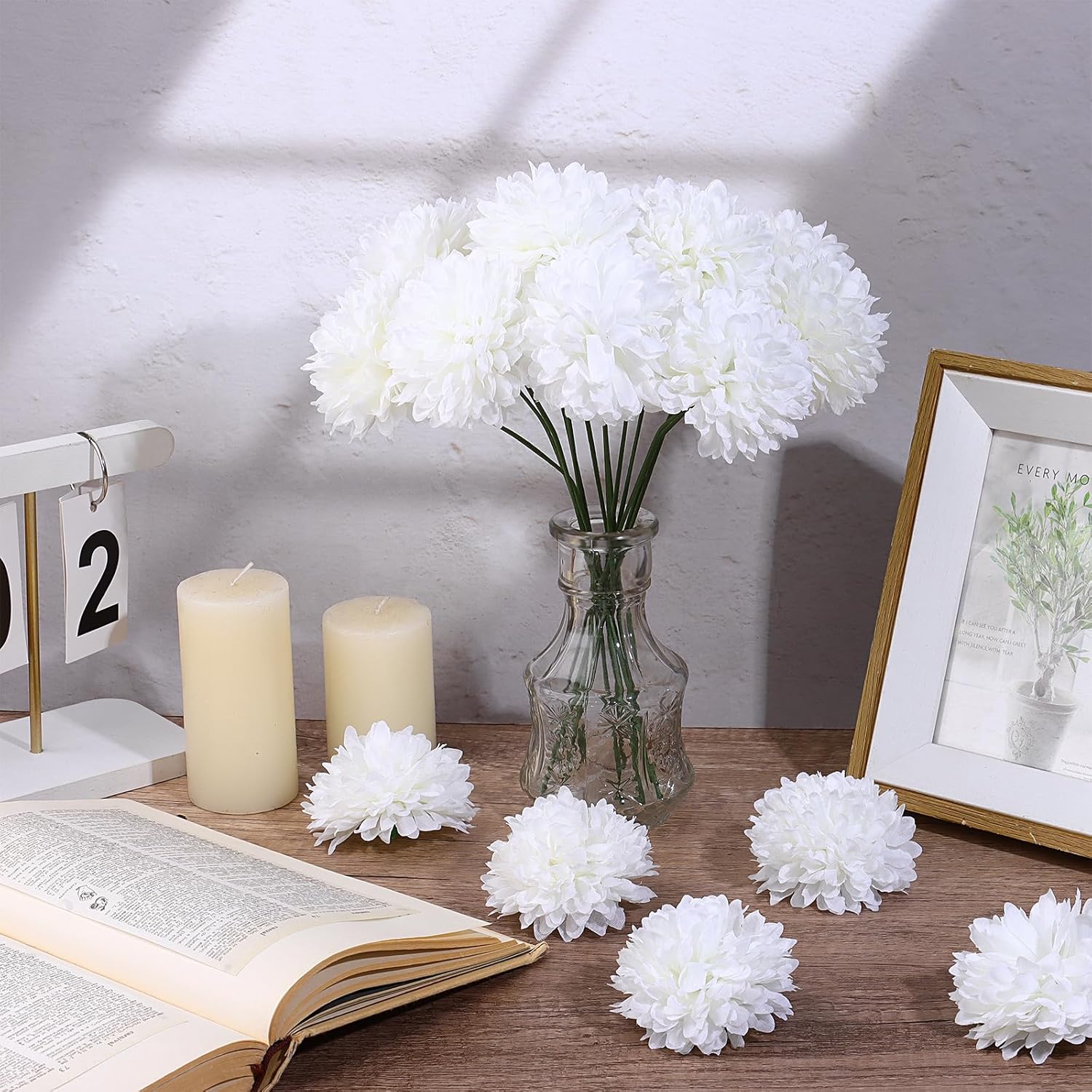 50Pcs Artificial Chrysanthemums Heads Ball Flowers Homecoming Mum Flower Bulk 2.9'' Silk Mum Supplies Artificial Homecoming Mum Supplies White Tissue Hanging Paper Pom-Poms For Party Wedding Home (50)