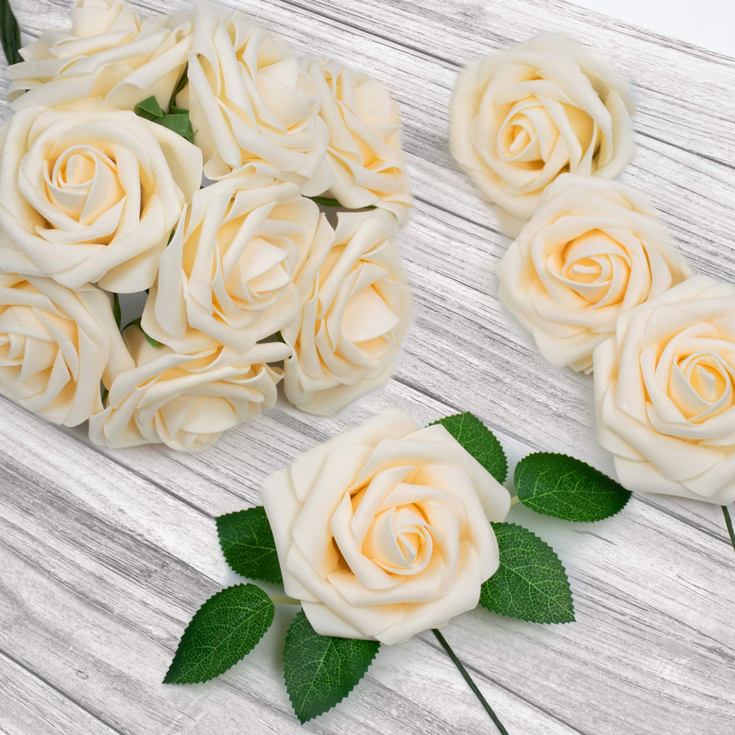 50Pcs Artificial Roses Flower Real Looking Foam Rose Fake Flowers With Stem & Leaves For Diy Wedding Bouquets Centerpieces Party Home Decorations (Cream)