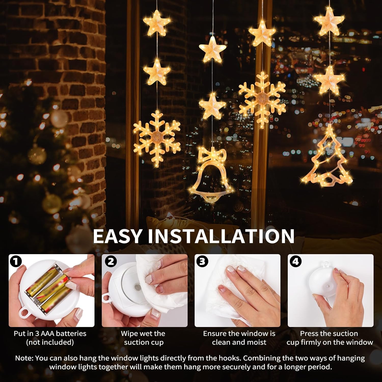 Christmas Decorations Lights, 3 Pack Christmas Led Window Lights With Suction Cup, Battery Operated Hanging Window Strin