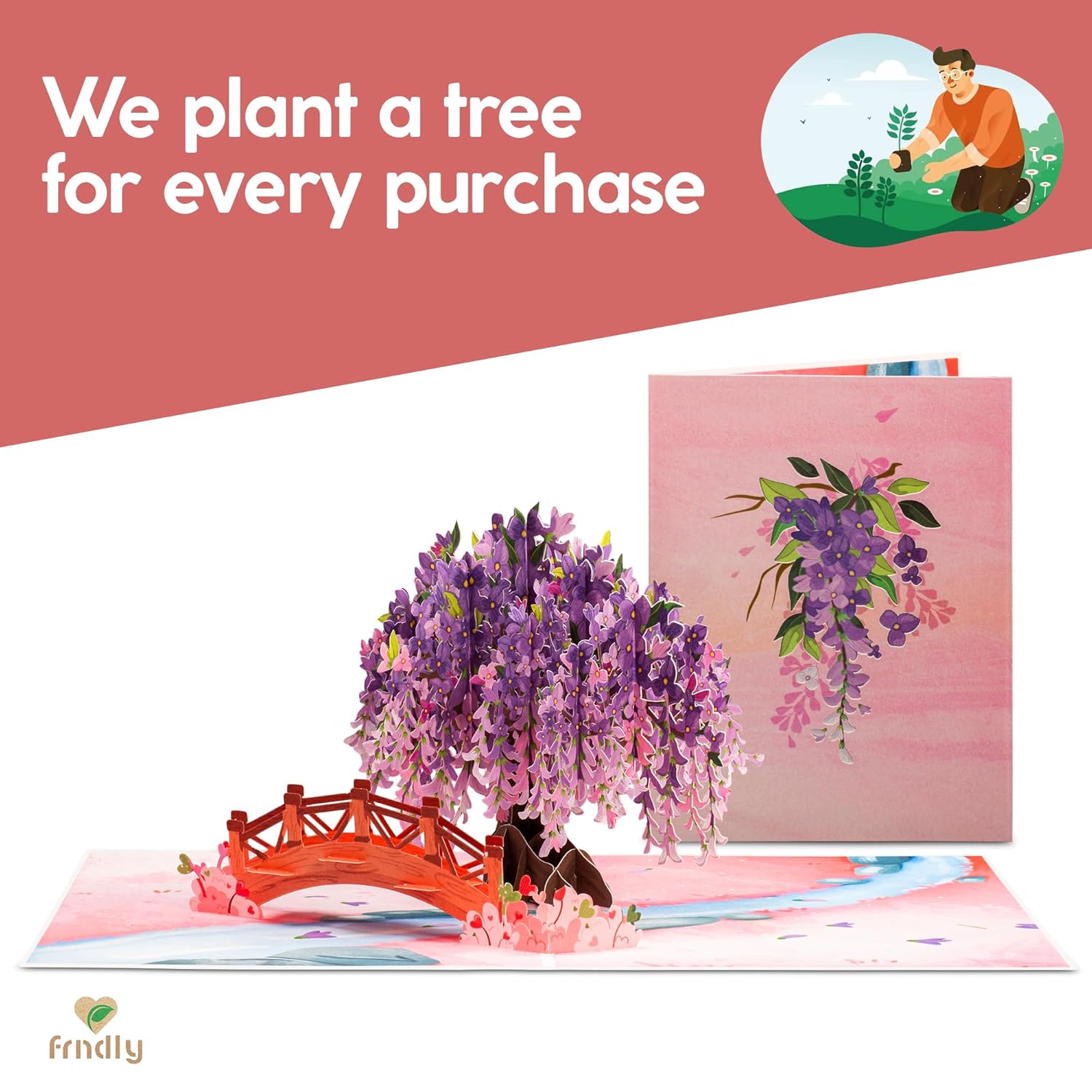 Frndly By 3D Wisteria Tree Pop Up Valentines Day Card, Gift For Valentines Day, Mothers Day, Birthday, Wedding, Anniversary, All Occasion - Handcrafted, 100% Recycled And Eco-Friendly, 8" X 6" Cover - Includes Envelope And Note Tag
