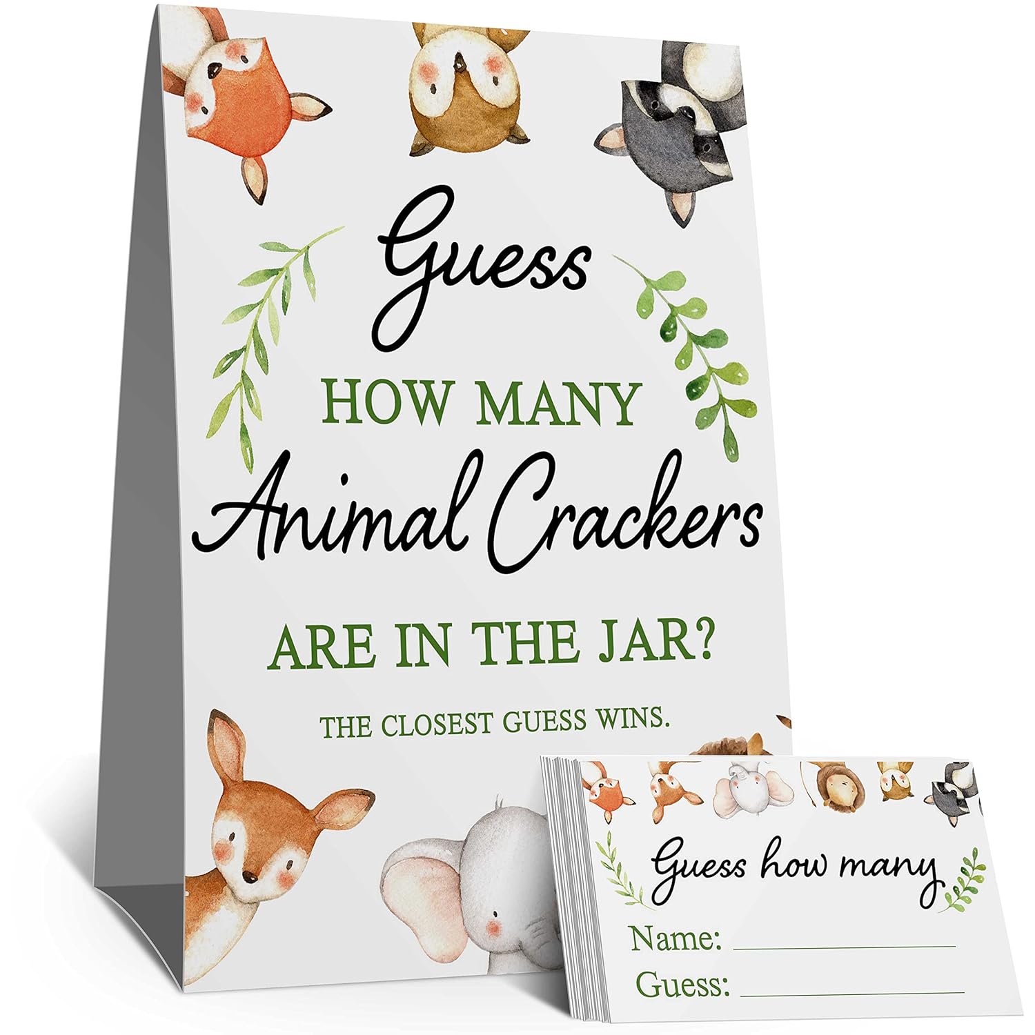 Guess How Many Animal Crackers Are In The Jar?Watercolor Woodland Animals Baby Shower Decorations?(1 Sign+50 Cards), How Many Animal Crackers Birthday, Christmas, Funny Party Game