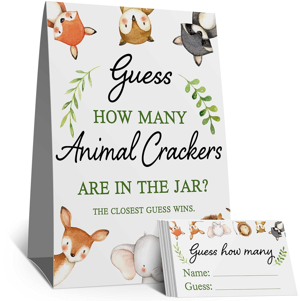 Guess How Many Animal Crackers Are In The Jar?Watercolor Woodland Animals Baby Shower Decorations?(1 Sign+50 Cards), How Many Animal Crackers Birthday, Christmas, Funny Party Game