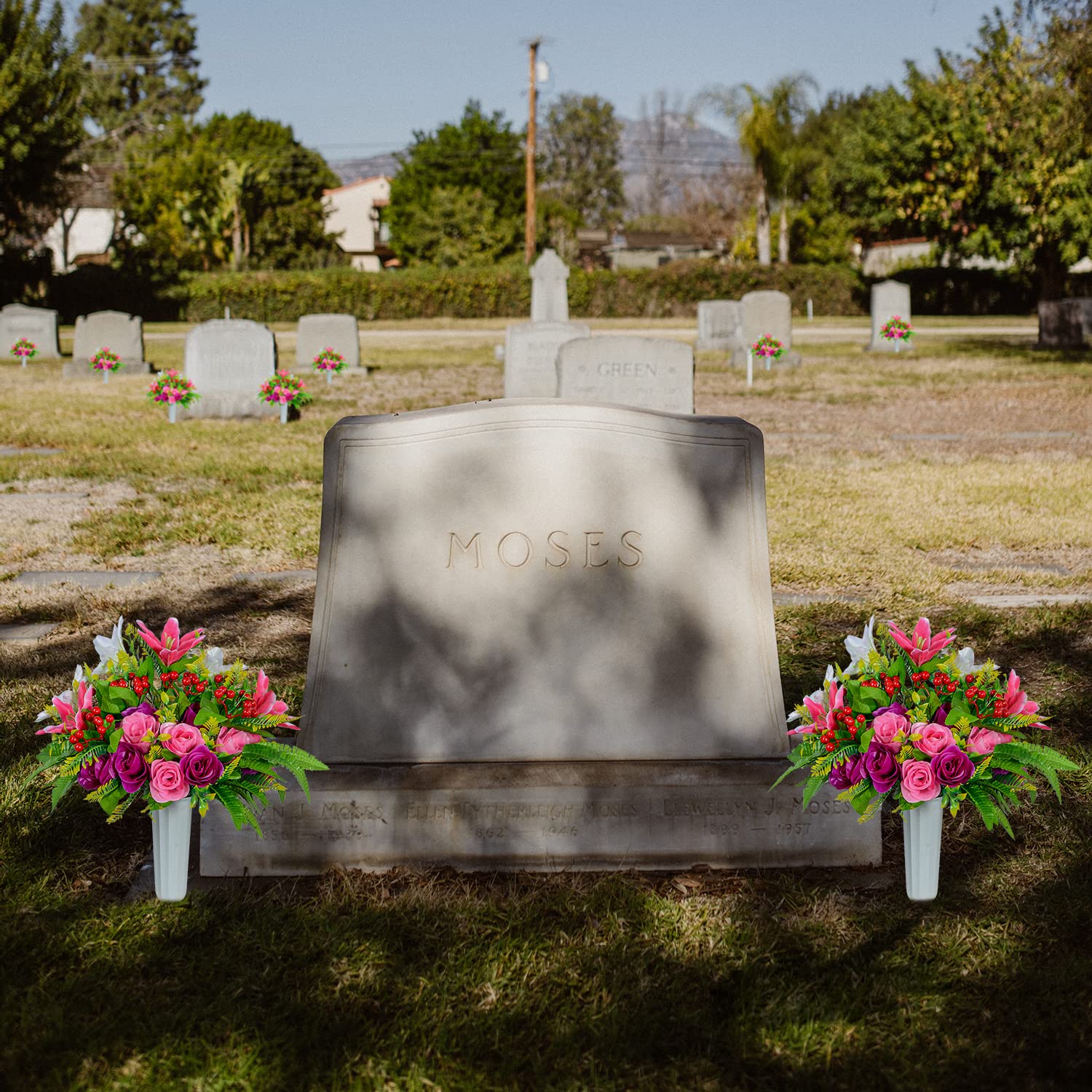 Artificial Cemetery Flowers With Vase, Set Of 2 Artificial Rose Lily Bouquet Graveyard Memorial Flowers For Cemetery Headstones Decoration
