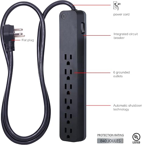 Surge Protector Power Strip 6 Outlets 6FT Extension Cord Flat Plug Wall Mount Black