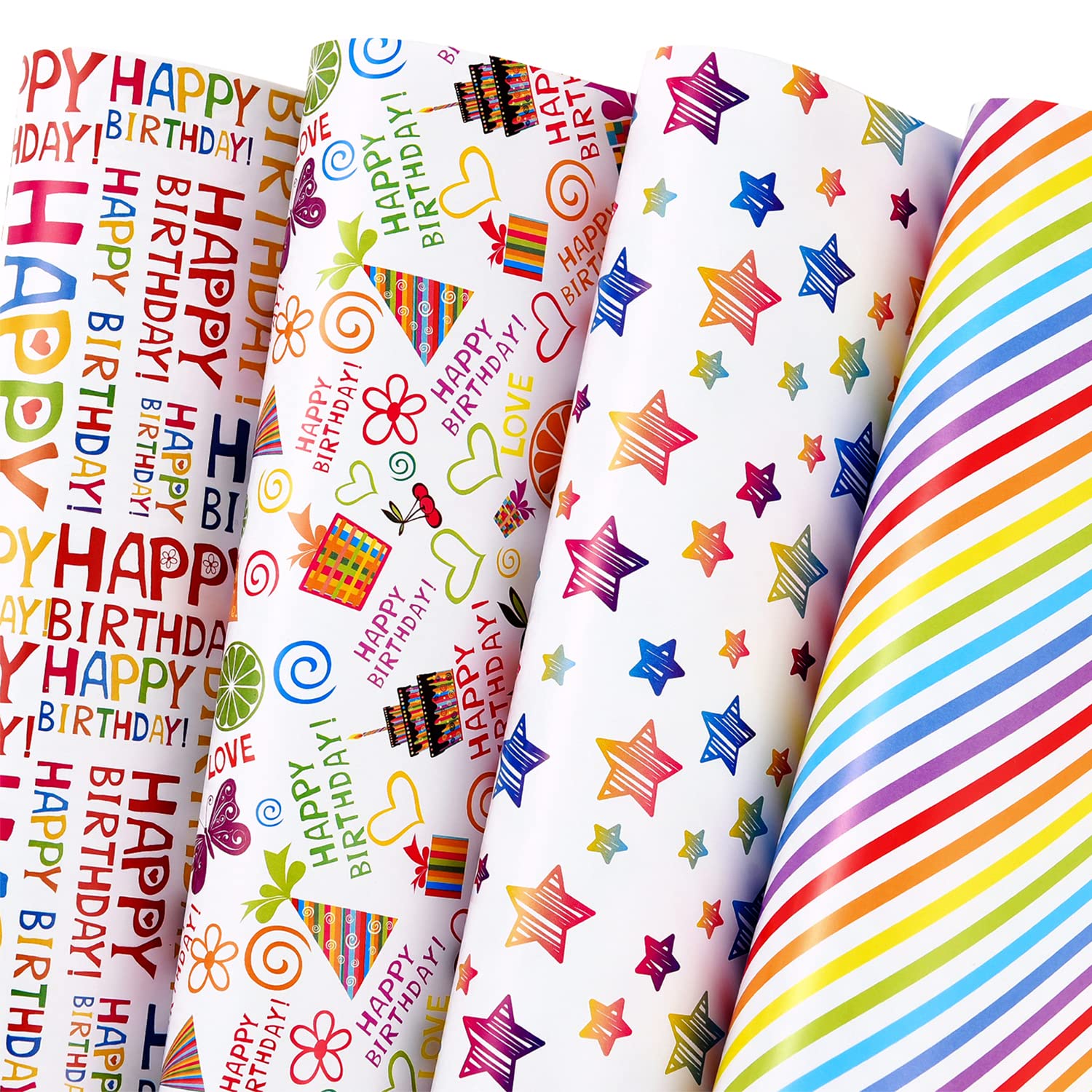Birthday Wrapping Paper 12 Sheets Folded Flat For Kids, Boys, Girls, Adults.Includes Happy Birthday, Star, Rainbow, Cake 4 Colorful Designs For Baby Shower, Holiday, Party 20 X 29 Inch