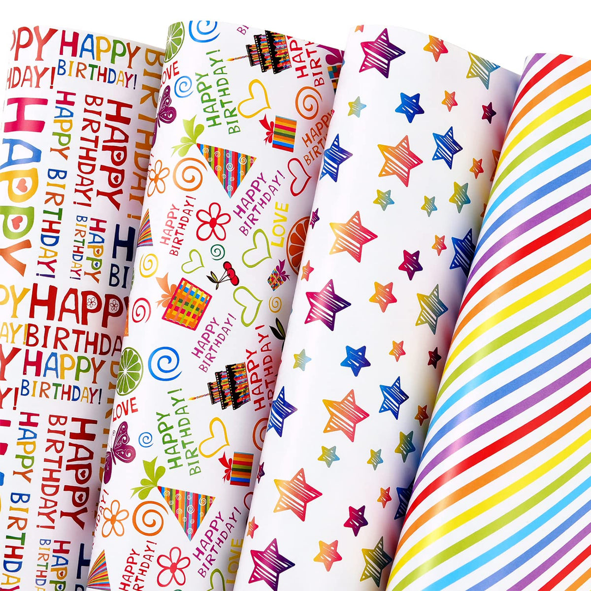 Birthday Wrapping Paper 12 Sheets Folded Flat For Kids, Boys, Girls, Adults.Includes Happy Birthday, Star, Rainbow, Cake 4 Colorful Designs For Baby Shower, Holiday, Party 20 X 29 Inch