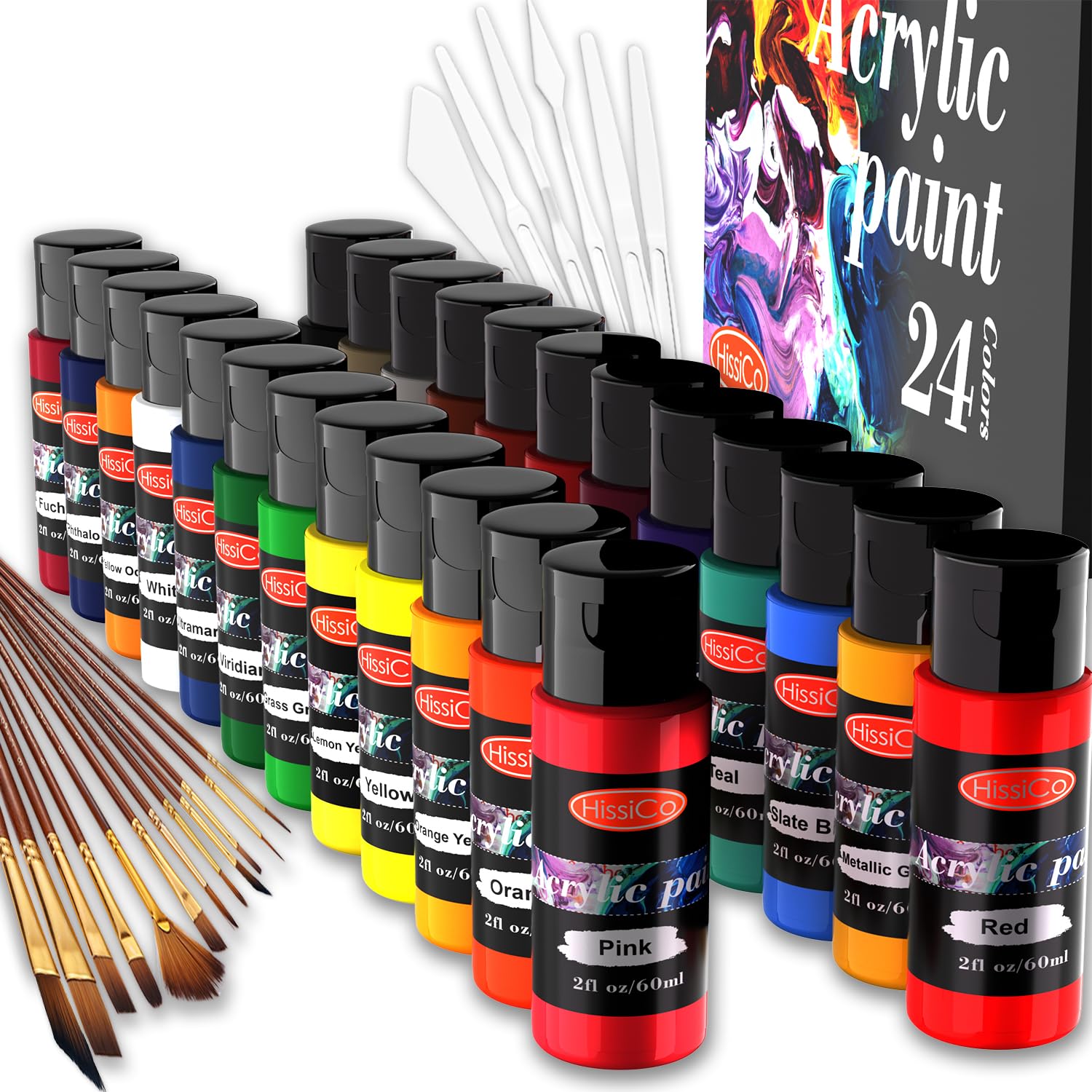 42Pcs Acrylic Paint Set Of 24 Colors 2Fl Oz 60Ml Bottles With 12 Brushes And 6 Paint Knives,Non Toxic 24 Colors Acrylic Paint No Fading Rich Pigment For Kids Adults Artists Canvas Crafts Wood