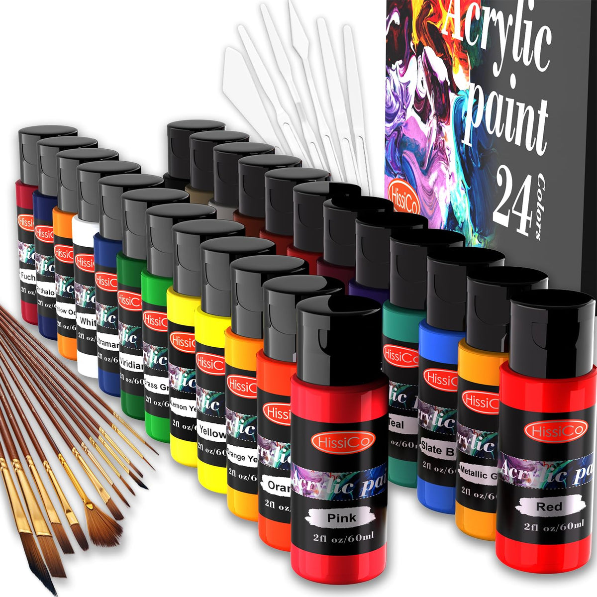 42Pcs Acrylic Paint Set Of 24 Colors 2Fl Oz 60Ml Bottles With 12 Brushes And 6 Paint Knives,Non Toxic 24 Colors Acrylic Paint No Fading Rich Pigment For Kids Adults Artists Canvas Crafts Wood