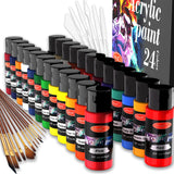 42Pcs Acrylic Paint Set Of 24 Colors 2Fl Oz 60Ml Bottles With 12 Brushes And 6 Paint Knives,Non Toxic 24 Colors Acrylic Paint No Fading Rich Pigment For Kids Adults Artists Canvas Crafts Wood