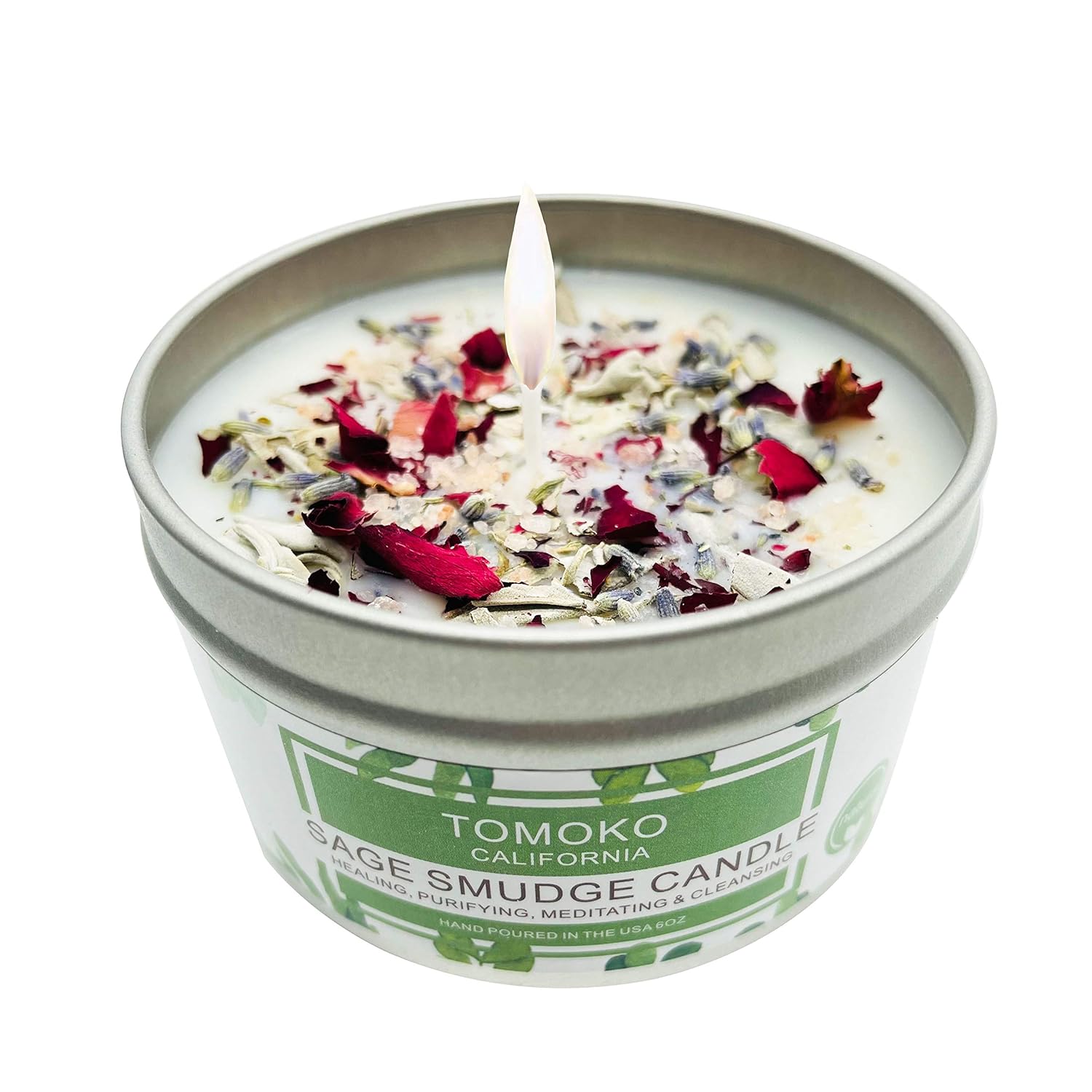 White Sage Candle, Sage Leaf, Rose, Lavender, Himalayan Salt & Essential Oil