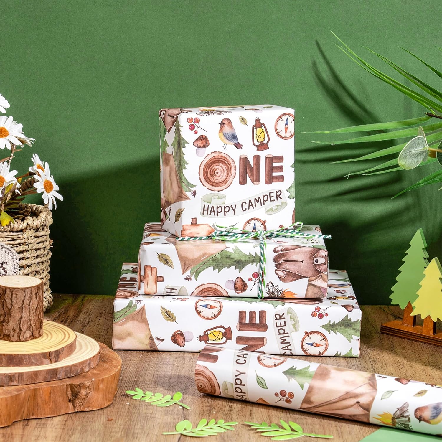 1St Birthday Wrapping Paper Roll For Boys,One Happy Camper Tent Bear Forest Icons, Age1 Gift Wrap For Baby 1St Birthday Party, Baby Shower, Mini Roll 17 Inches X 16.4 Feet