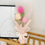 Handmade Crochet Tulip Flower Bouquet, Knitted Artificial Forever Flowers With Exquisite Wrap, Gift To Girlfriend Mother Women, Perfect For Valentines, Home Decor, Celebration-Pink
