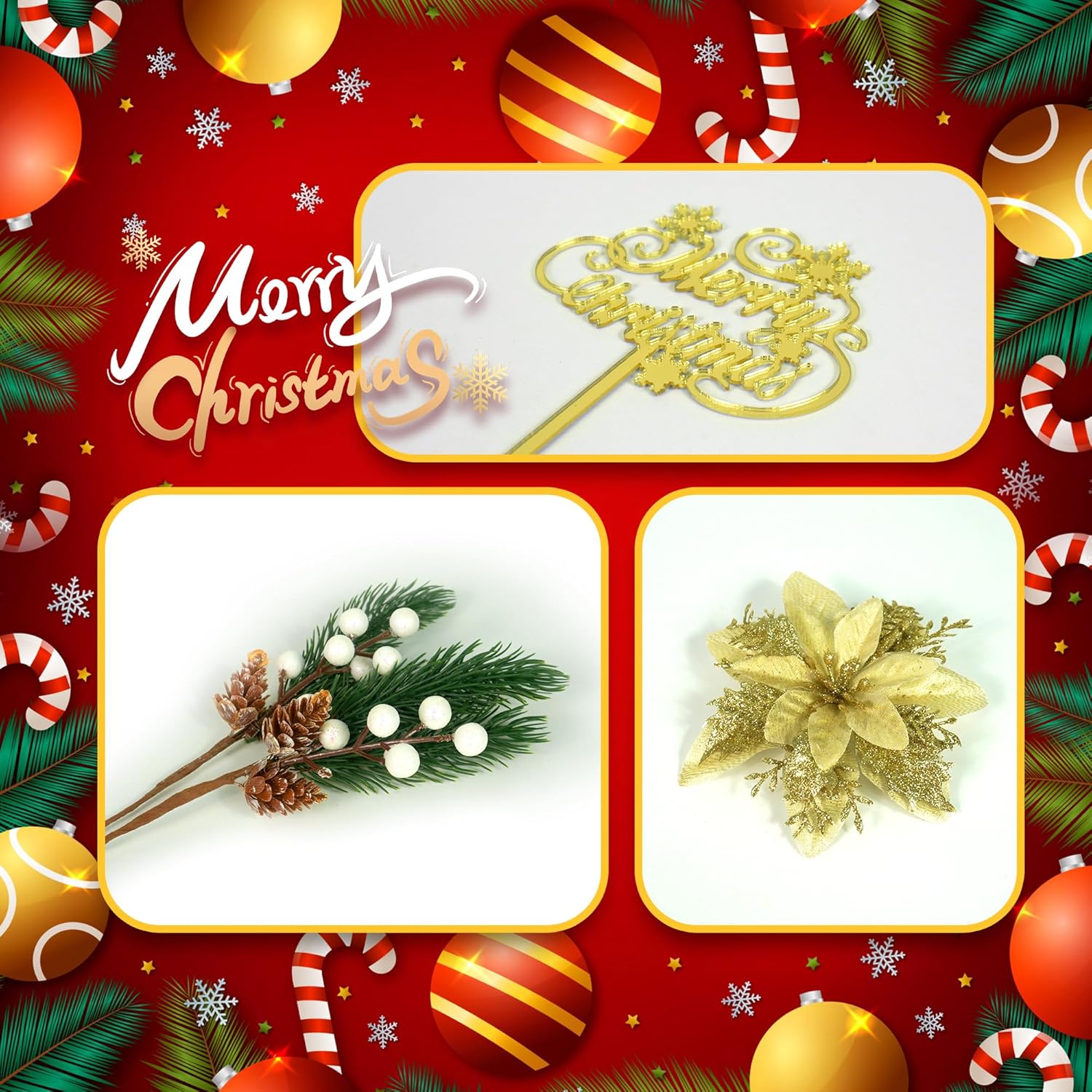 Merry Christmas Cake Topper With Artificial Pine Needles, Cones, And Berries For Theme Party Decorations Supplies